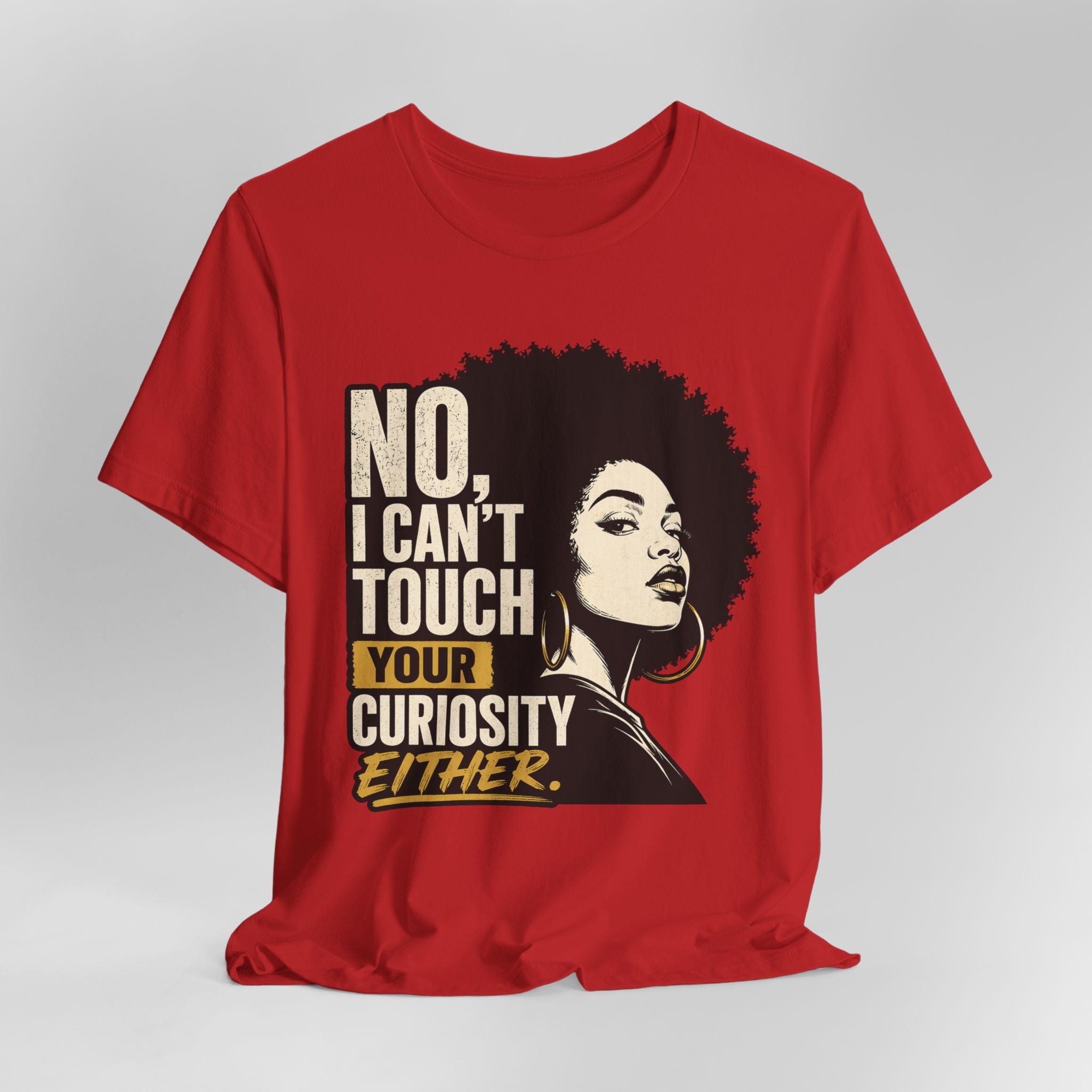 Red t-shirt with graphic of a woman and text on a gray background