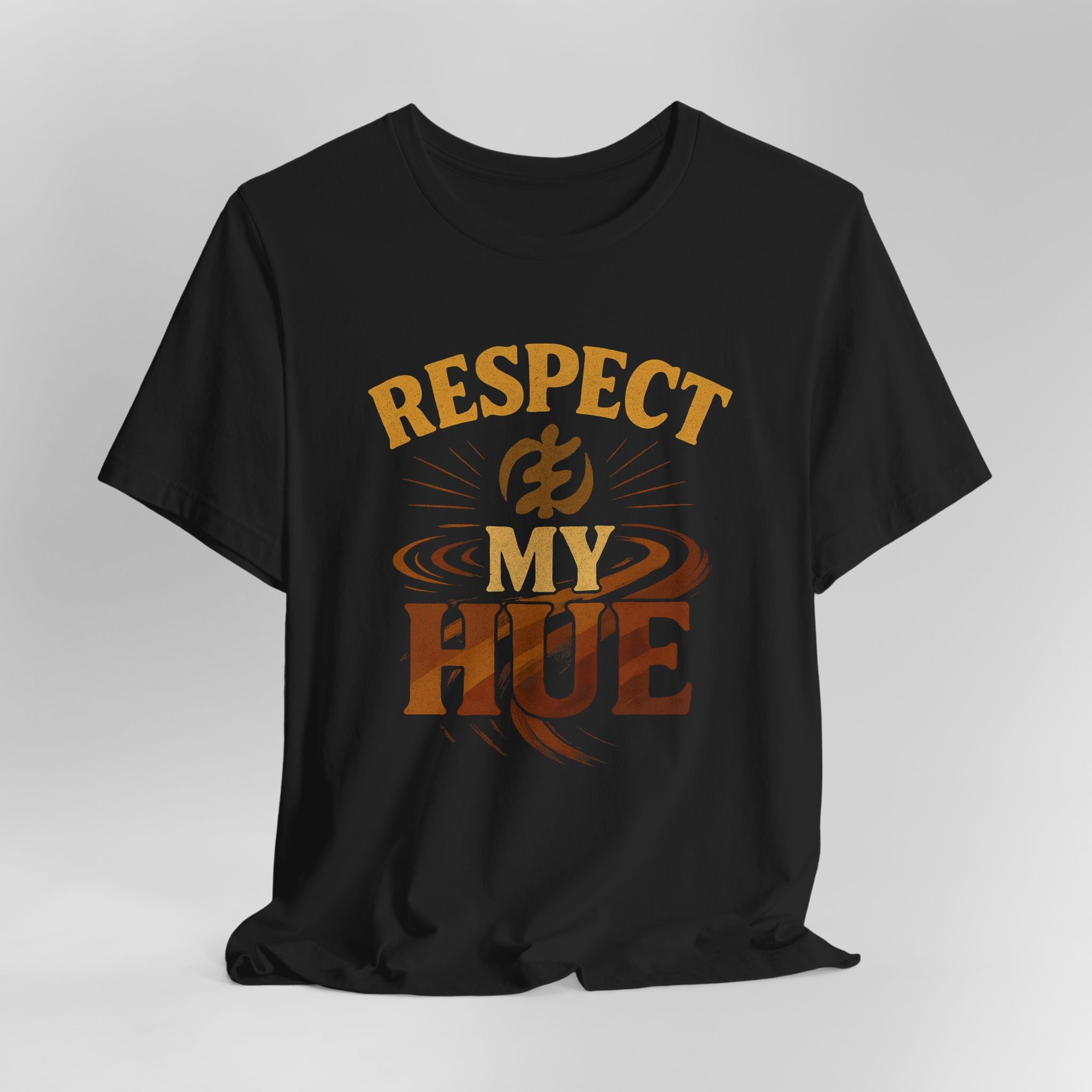 Black t-shirt with 'Respect My Hue' text design on a gray background