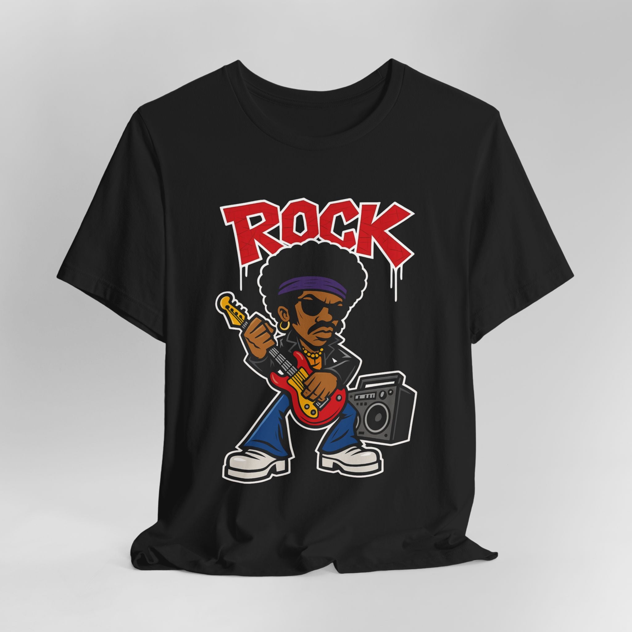 Black t-shirt with a graphic of a rock musician holding a guitar and boombox on a gray background