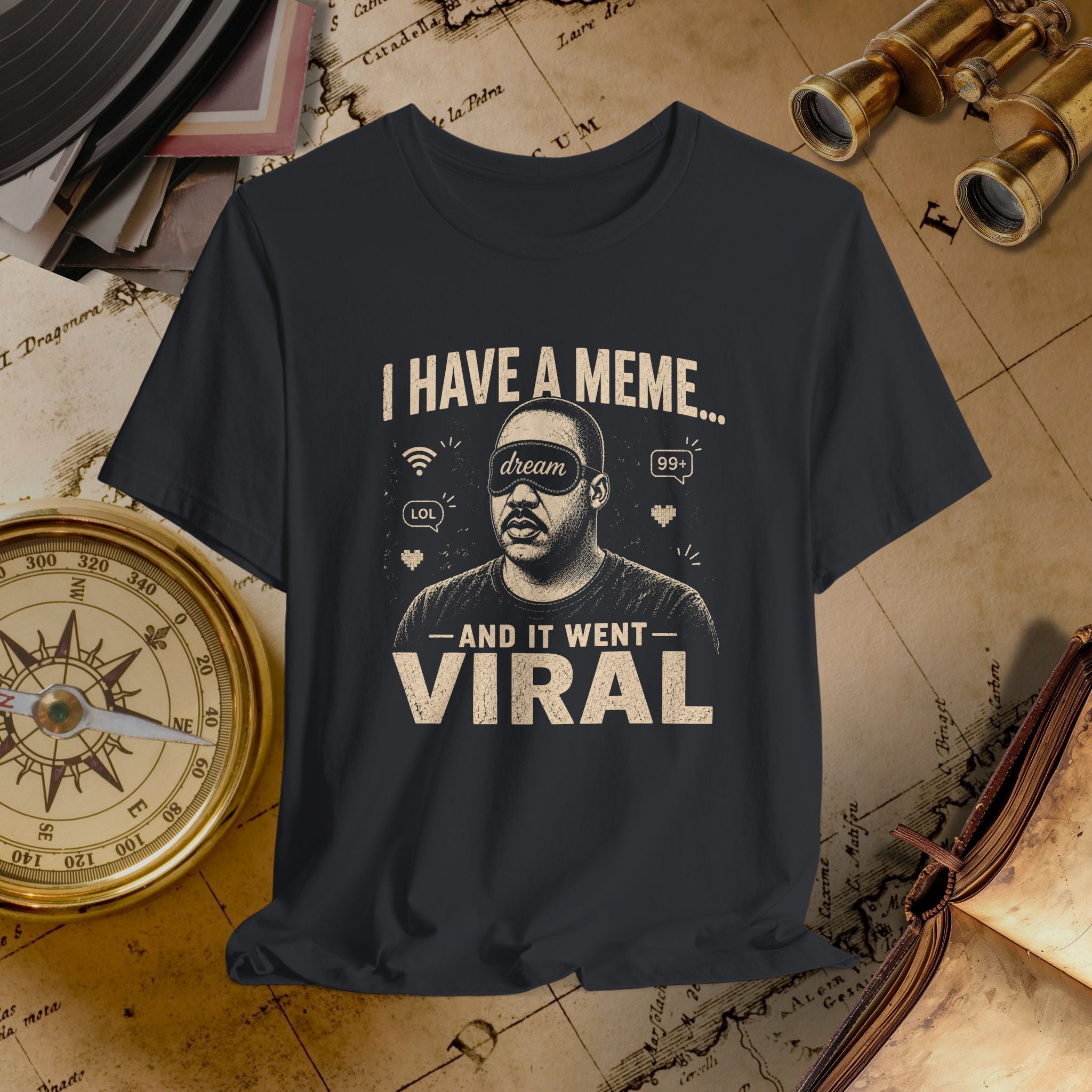 Black t-shirt with graphic design and text on a vintage map background