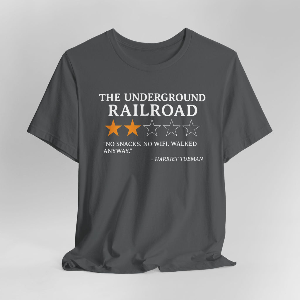 Gray t-shirt with text and stars on a gray background