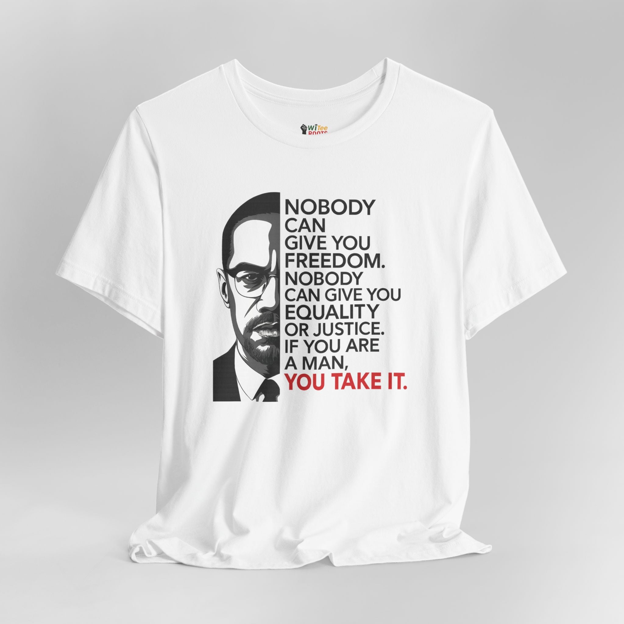 White t-shirt with a graphic and text on a gray background