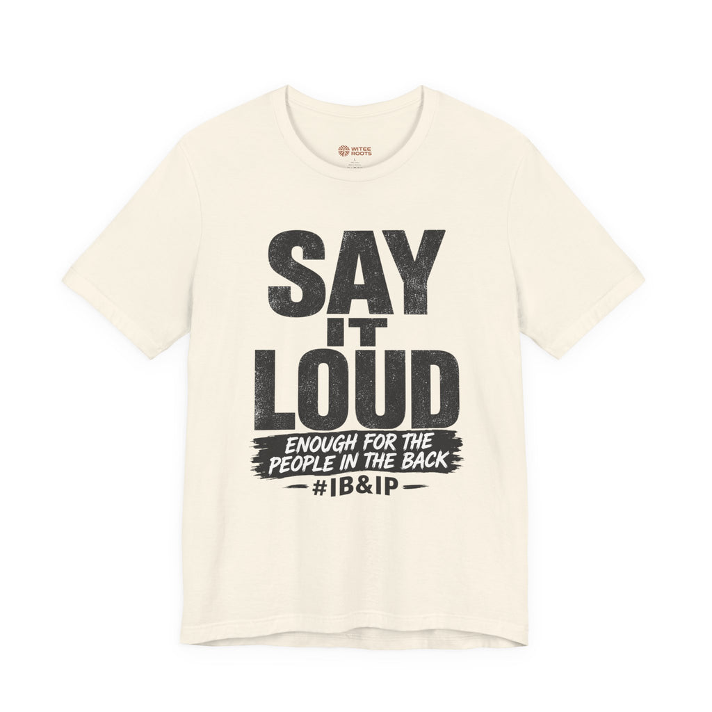 Beige t-shirt with black text on a white background