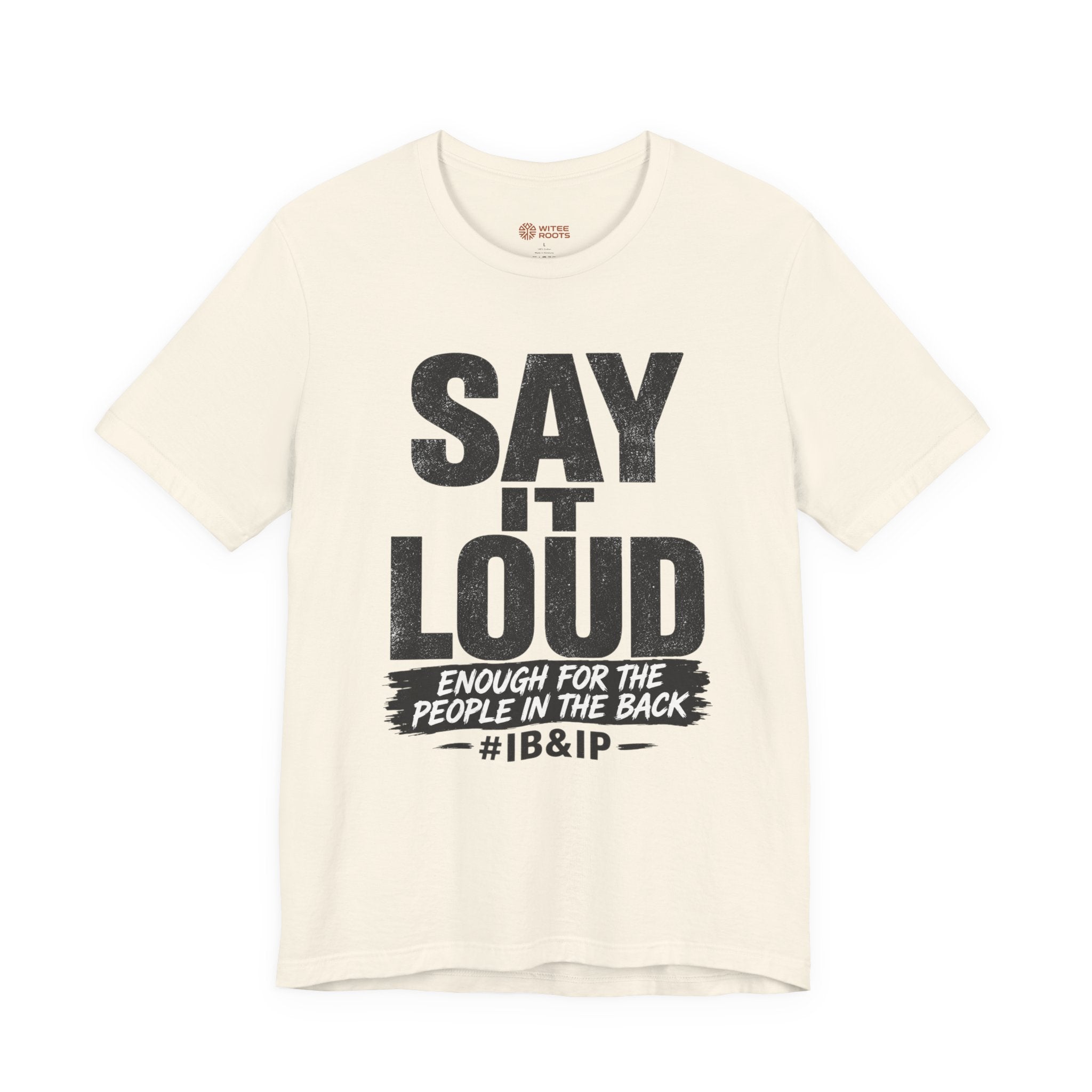 Beige t-shirt with black text on a white background