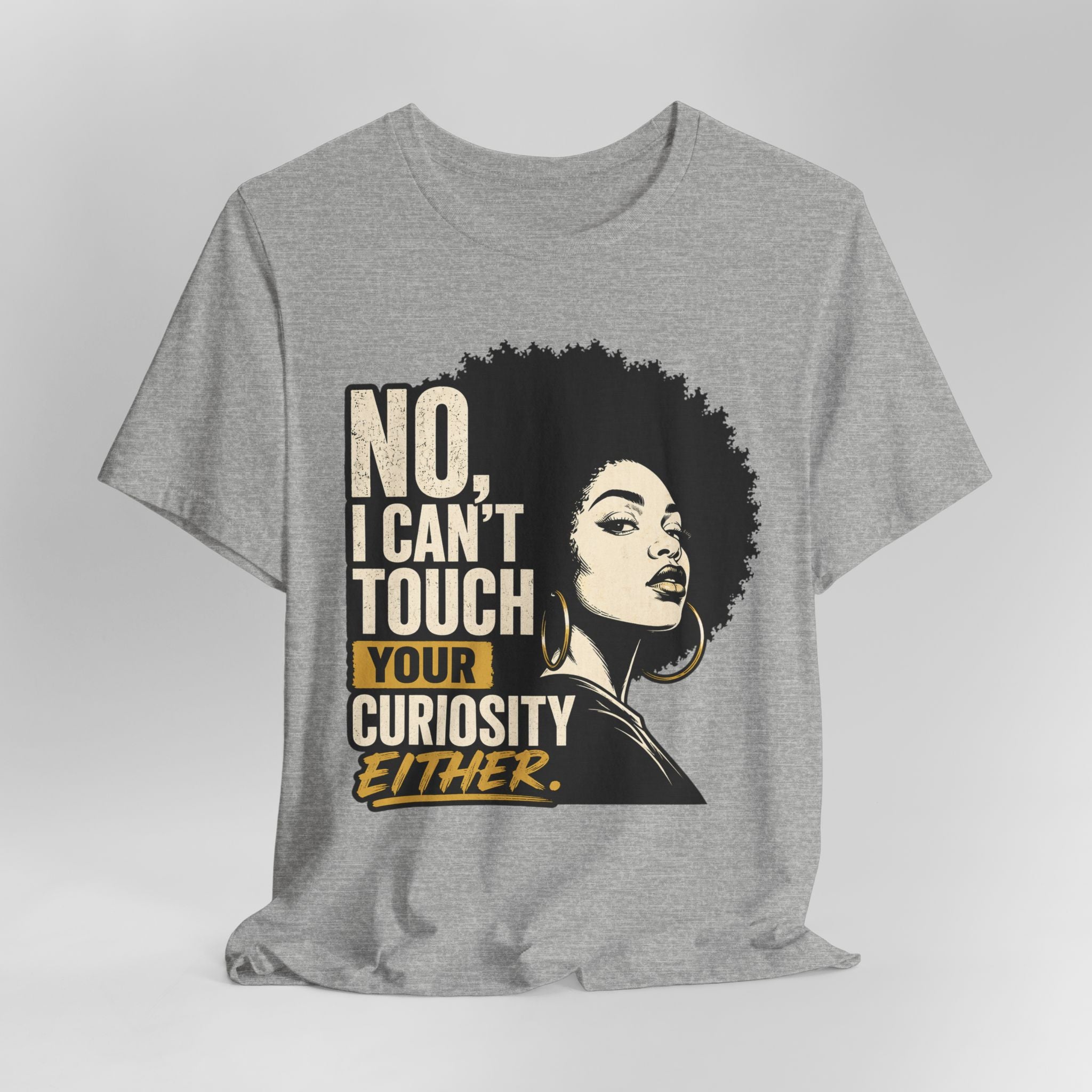 Gray t-shirt with a graphic of a woman and text on a light gray background