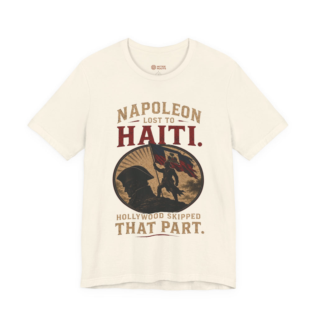 Beige t-shirt with graphic design and text on a white background