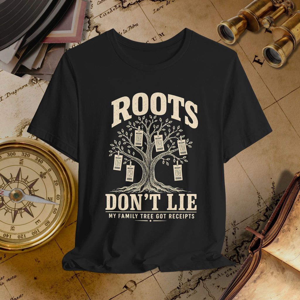 Black t-shirt with family tree design and text on a vintage background