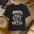 Black t-shirt with family tree design and text on a vintage background