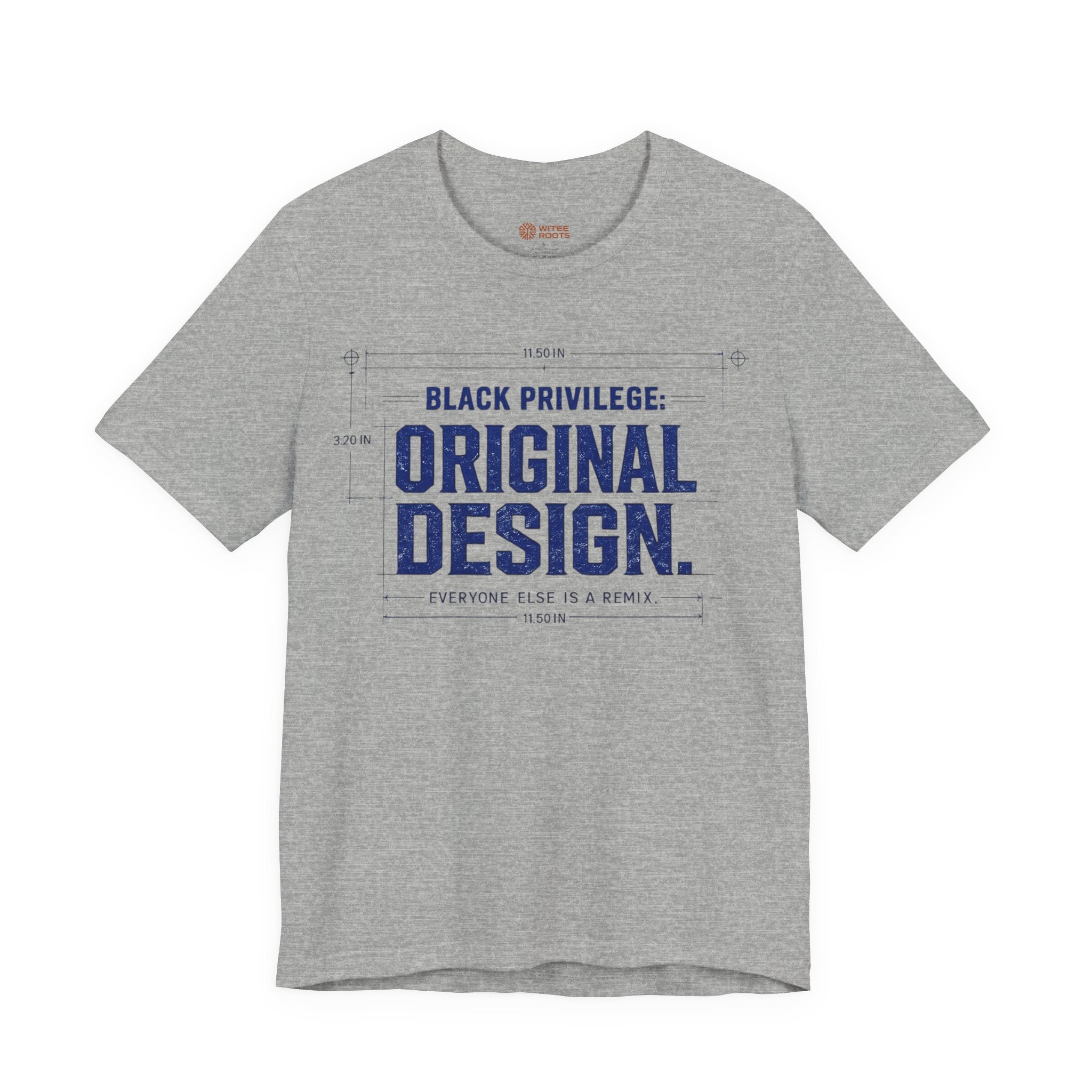 Gray t-shirt with blue text on a white background
