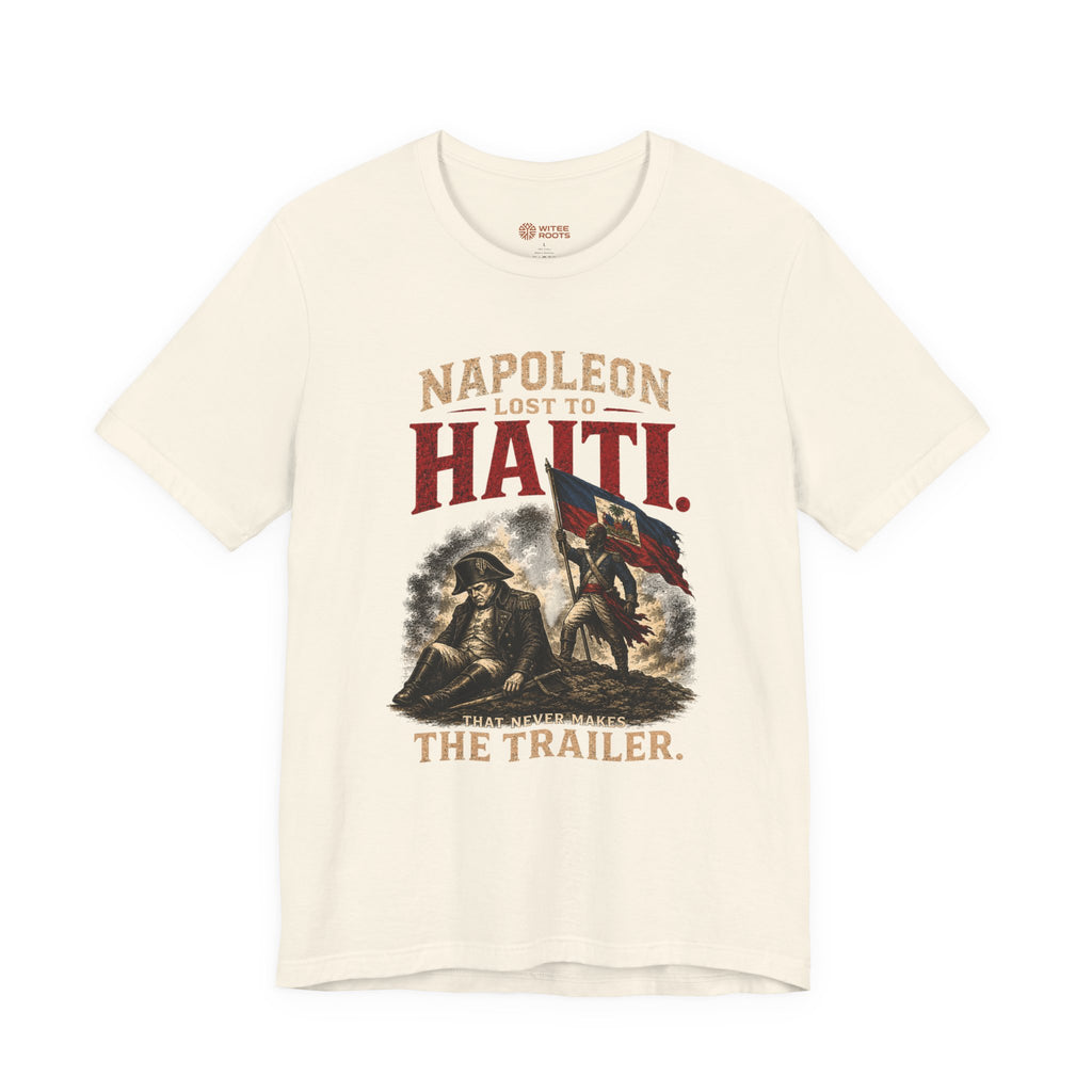 T-shirt with graphic design and text on a white background