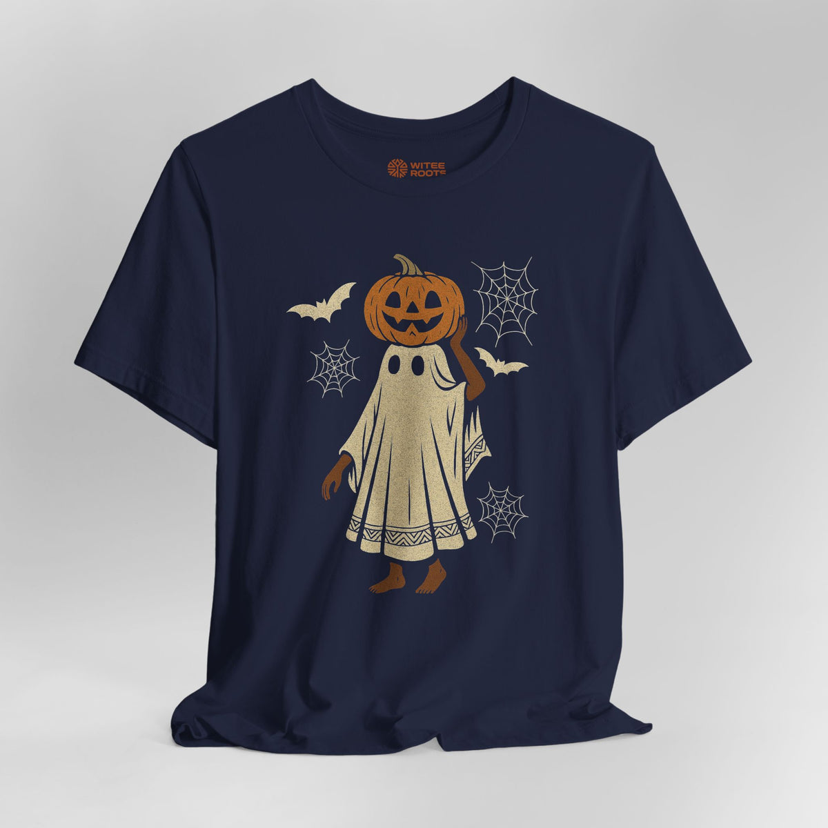 A navy blue short-sleeve t-shirt with a Halloween graphic of a ghost character wearing a jack-o'-lantern head, surrounded by bats, spiderwebs, and a small pumpkin, shown on a light gray background.