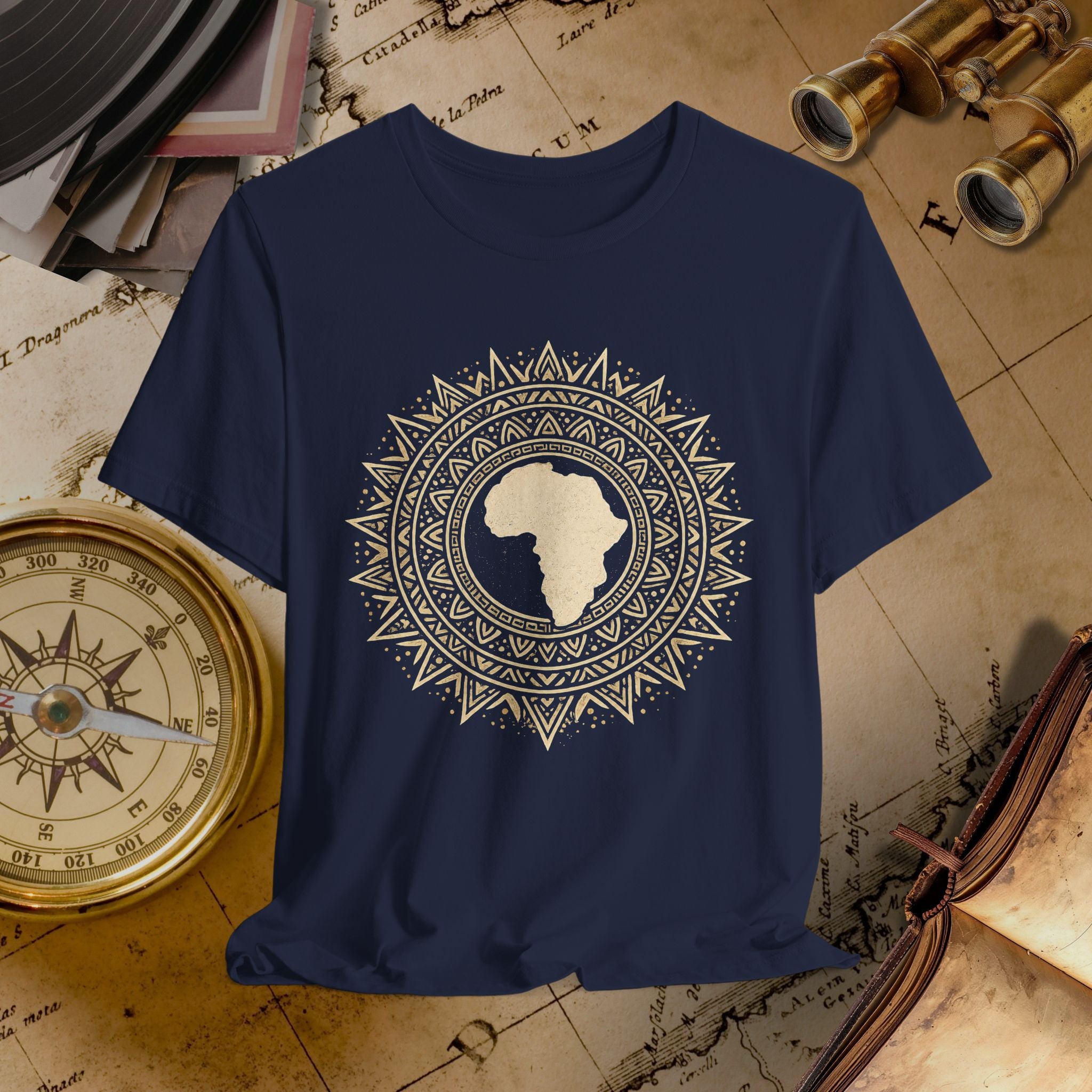 Navy blue t-shirt with a decorative Africa map design on an old map background