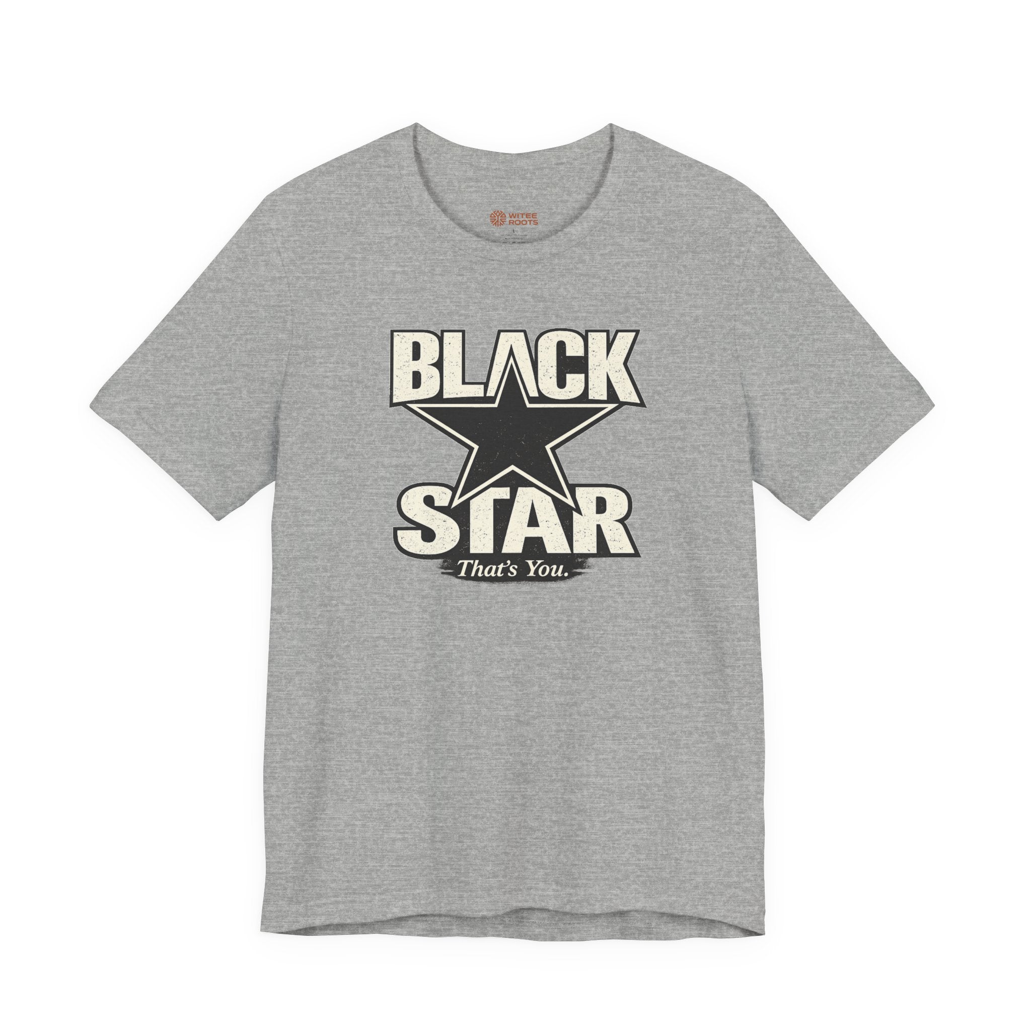 Gray t-shirt with 'Black Star That's You' graphic design on a white background