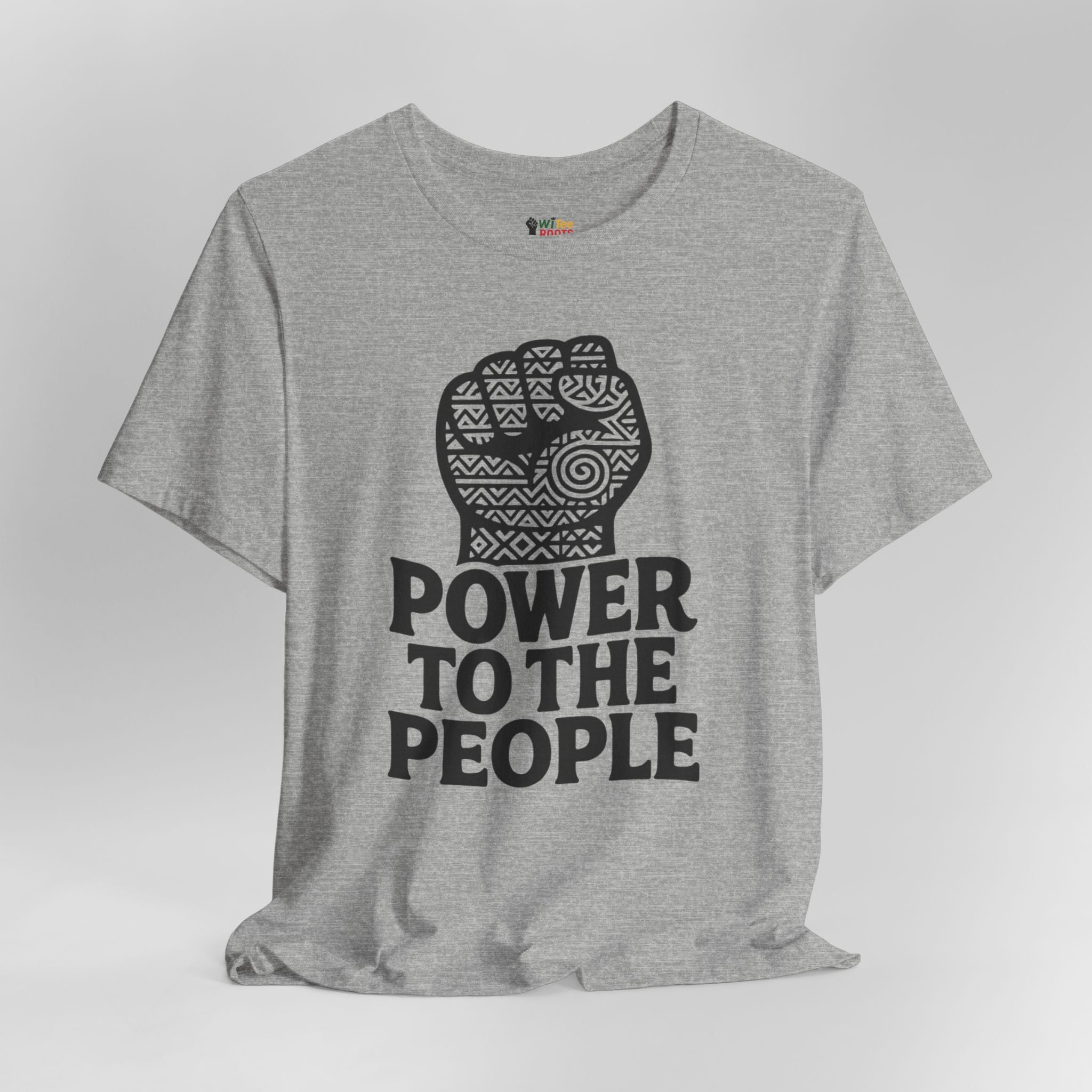 Gray t-shirt with a black fist graphic and 'Power to the People' text on a white background