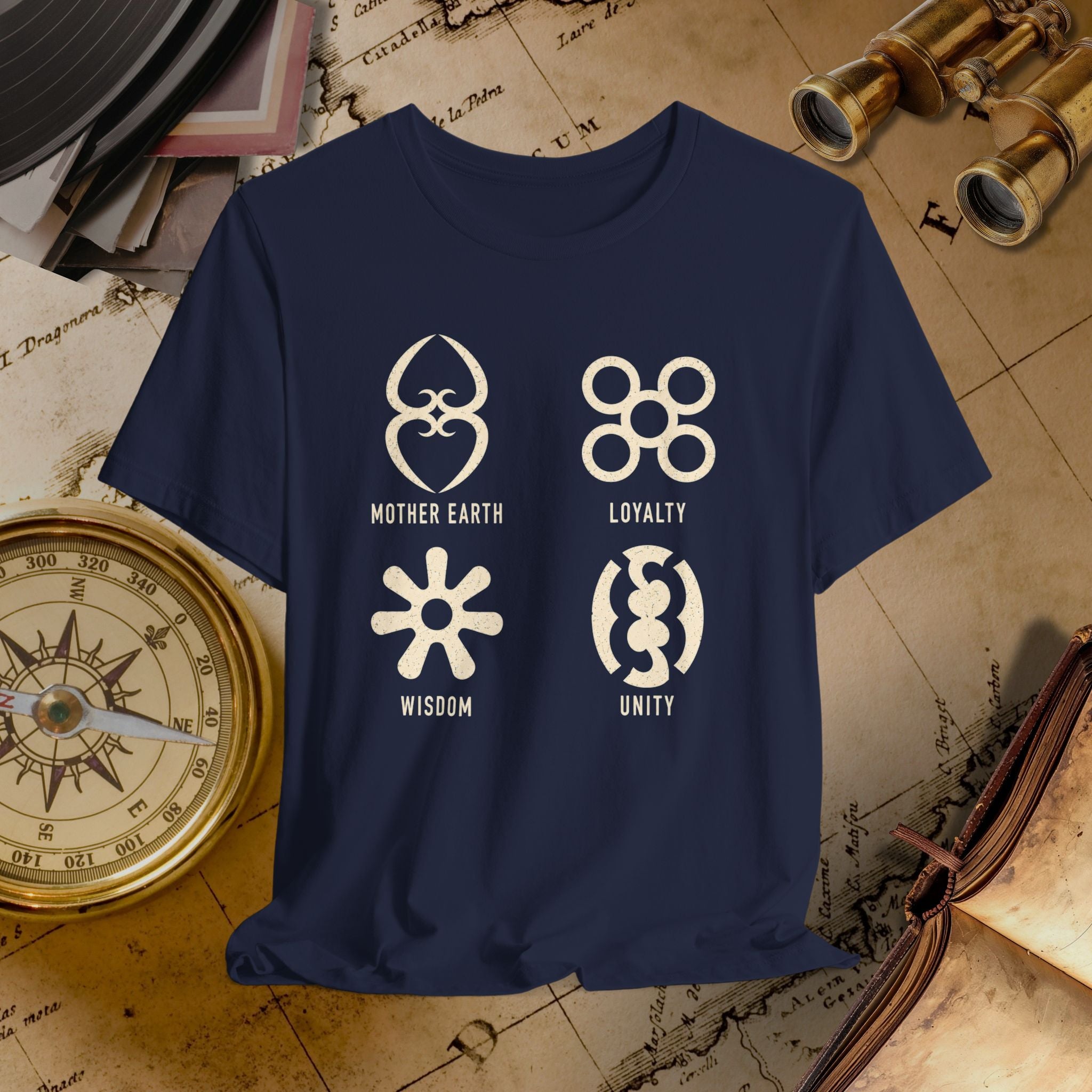 Navy blue t-shirt with white symbols and text on a vintage map background