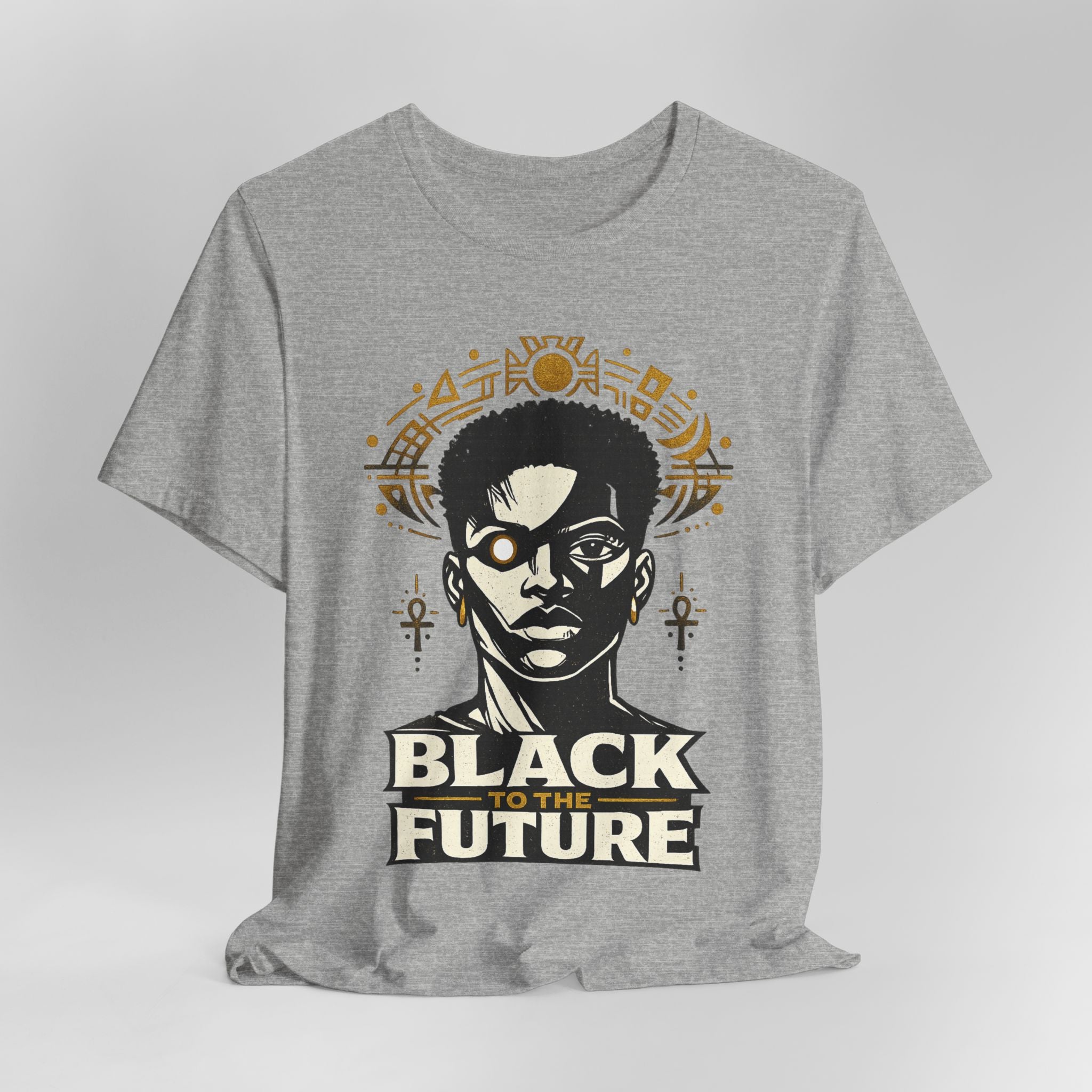 Gray t-shirt with a graphic of a person and 'Black to the Future' text on a light gray background