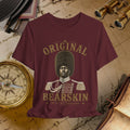 Maroon t-shirt with a graphic of a person in uniform and text 'Original Bearskin' on a vintage background.