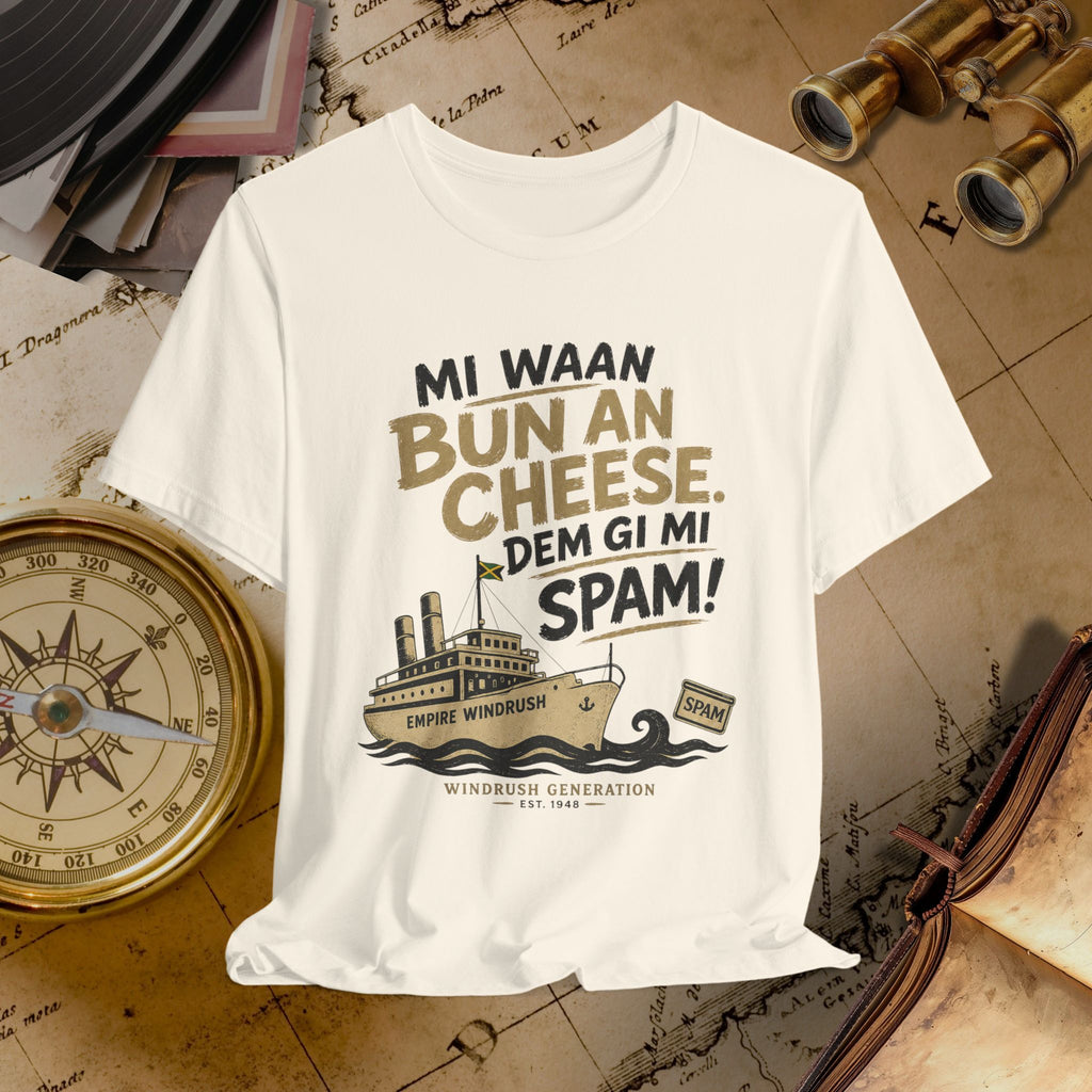 Beige t-shirt with humorous text and graphic design on a vintage background