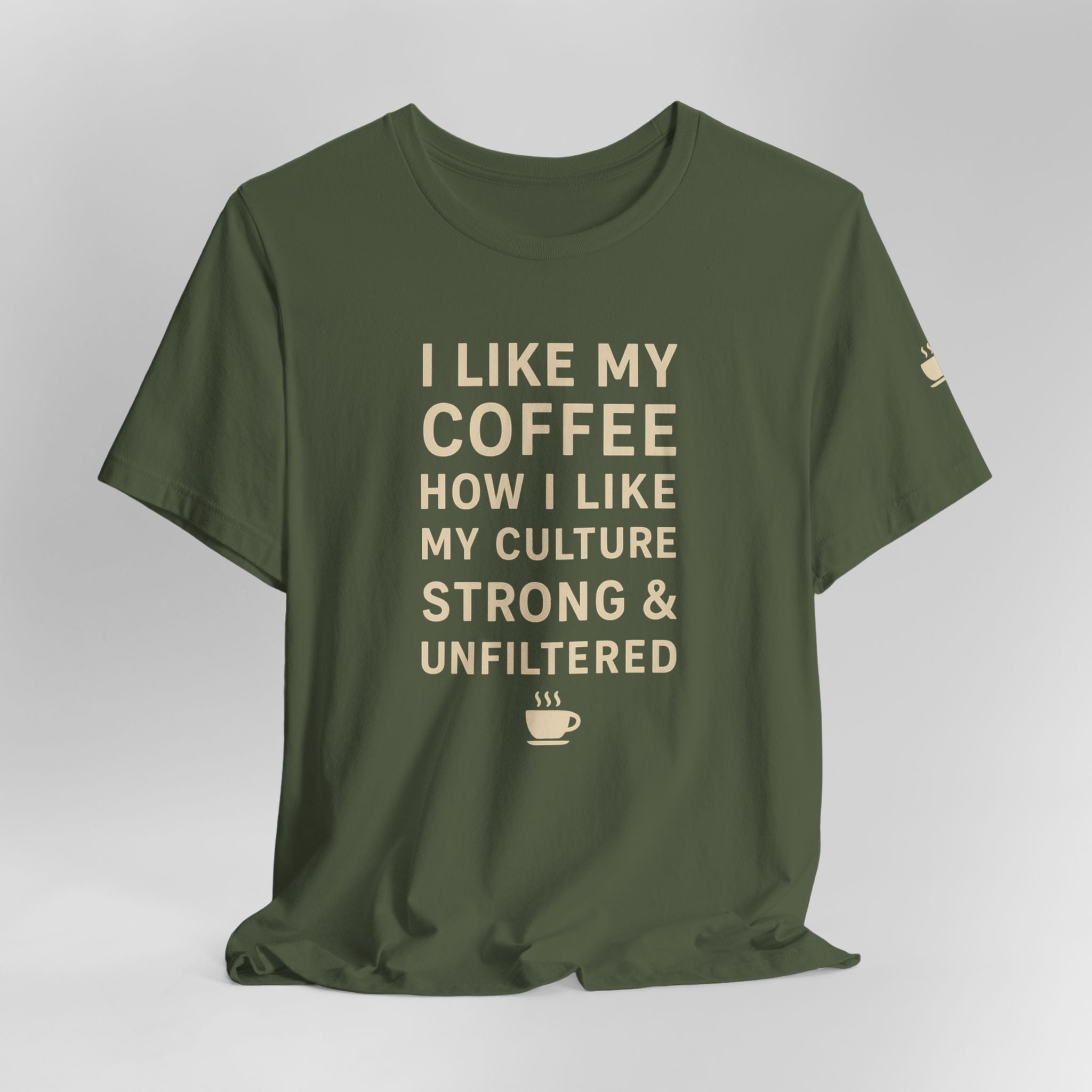 Green t-shirt with text on a white background