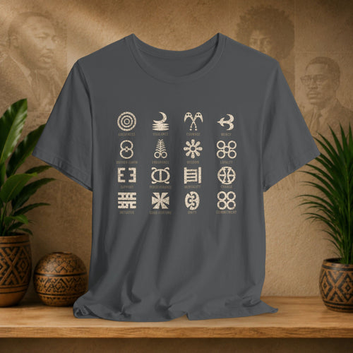 A dark gray t-shirt with a 4x4 grid of light beige tribal and cultural symbols printed on the front, displayed on a wooden shelf with potted plants and a textured background.