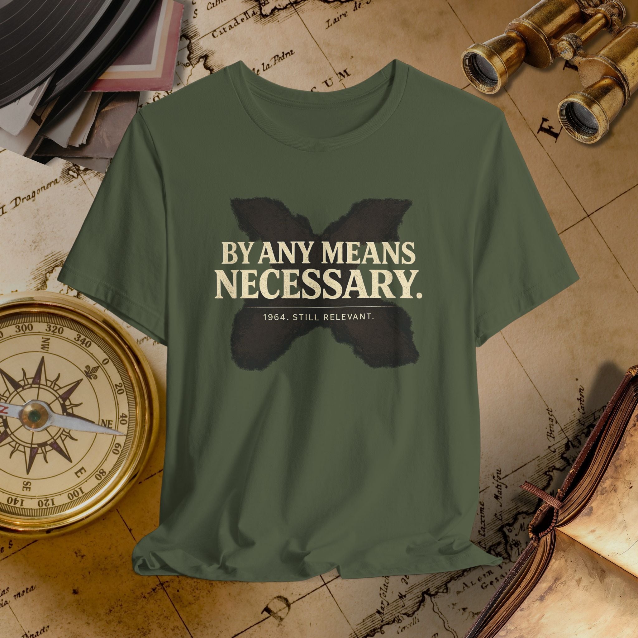 Green t-shirt with a butterfly graphic and text on a vintage map background
