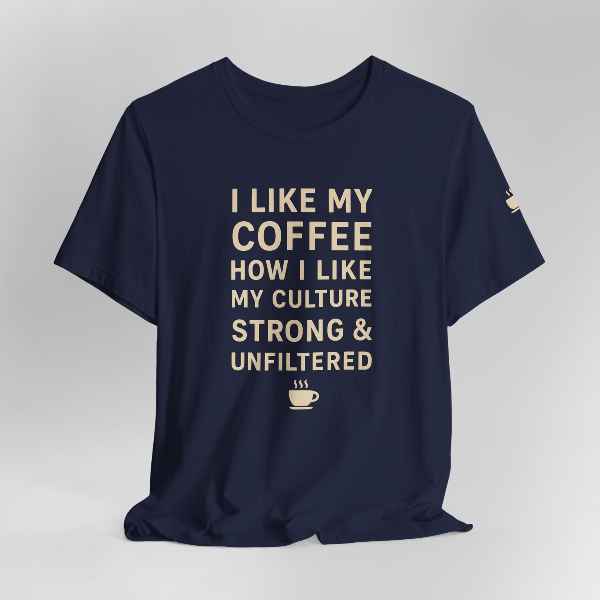Navy blue t-shirt with white text and coffee cup icon on a light gray background