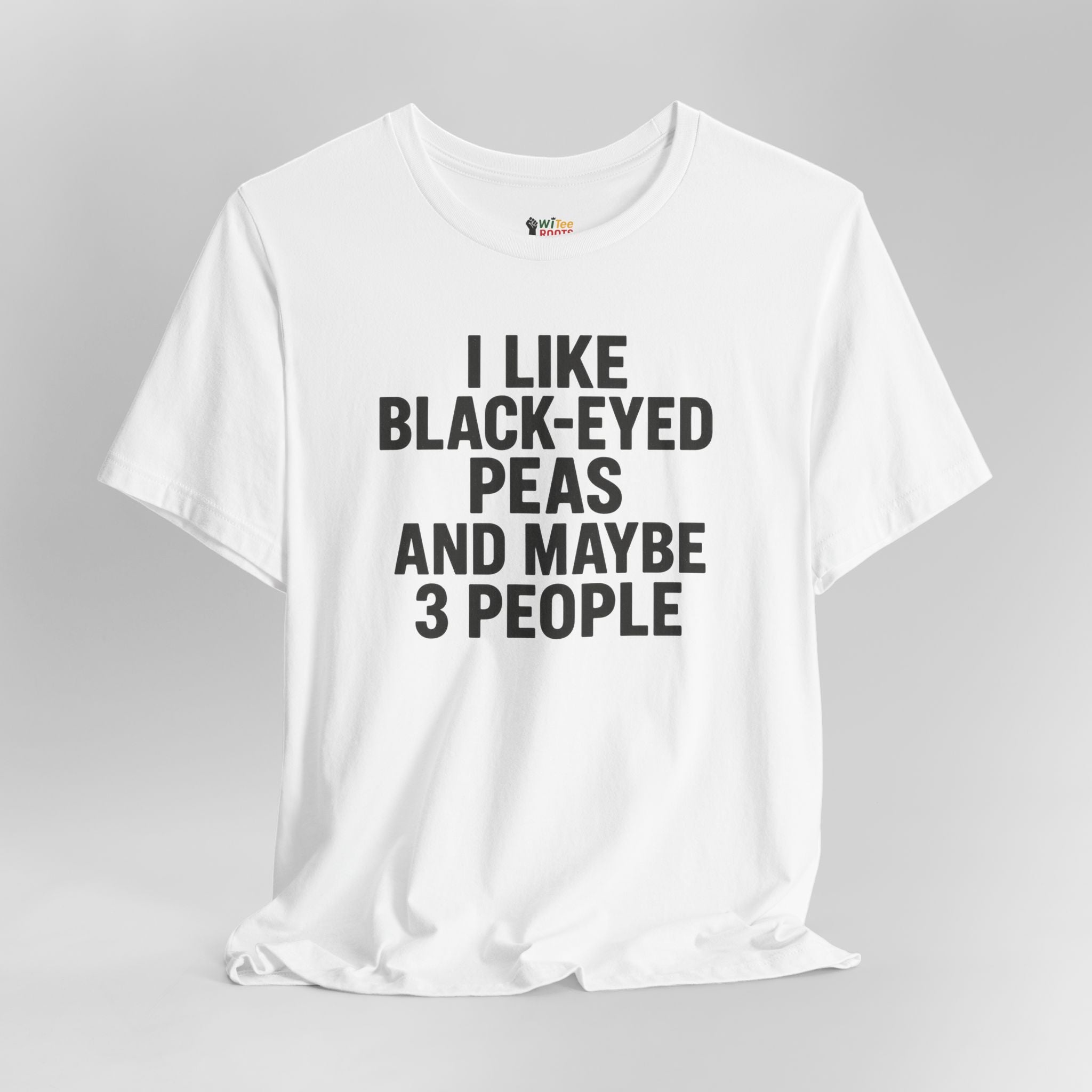 White t-shirt with black text on a gray background