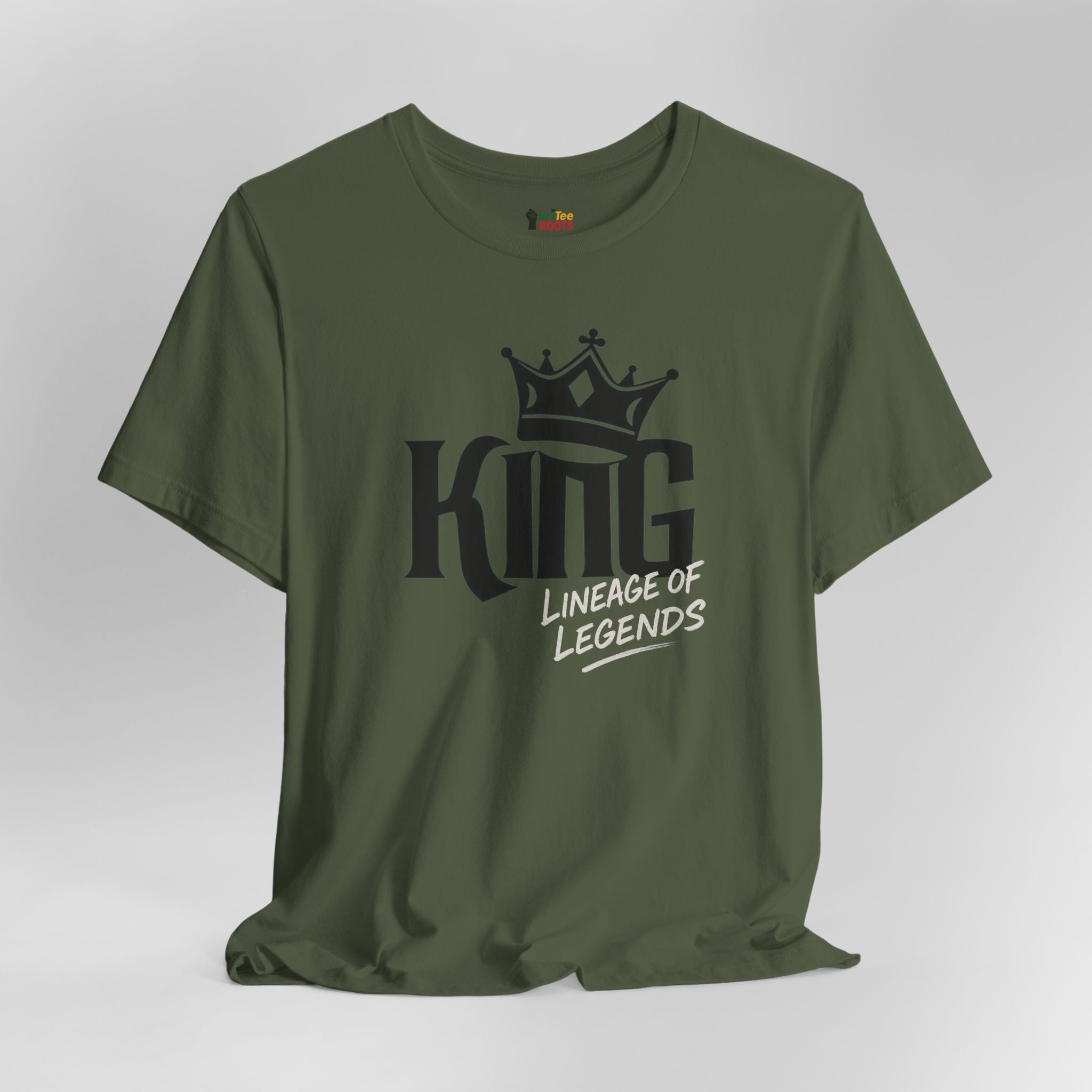 Green t-shirt with 'King Lineage of Legends' text on a white background