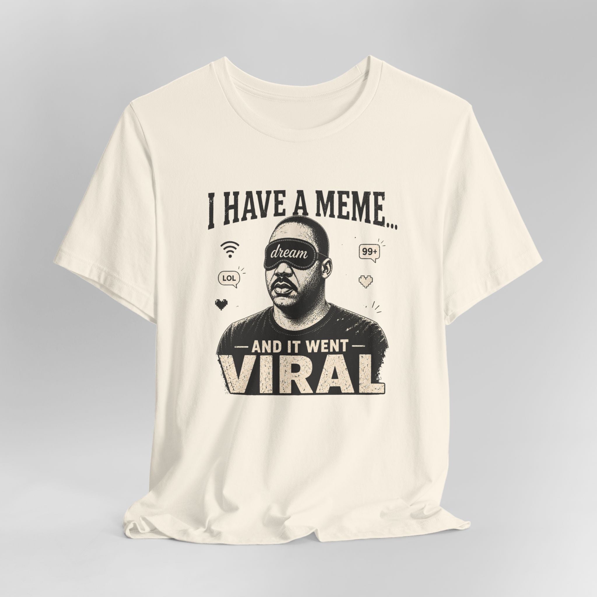 Beige  t-shirt with graphic design and text on a gray background