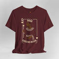Maroon t-shirt with 'Queens Reign' graphic design on a white background