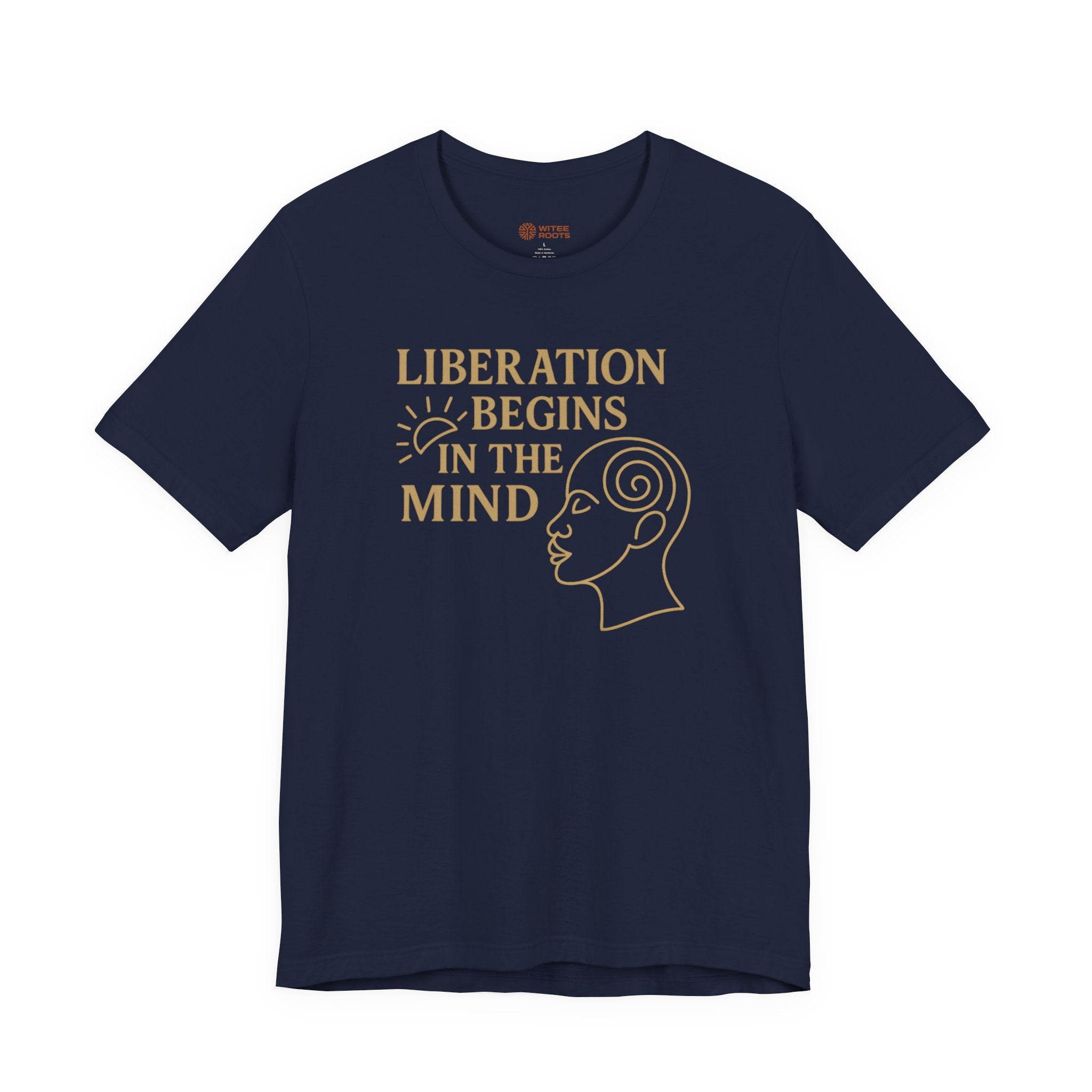 Navy blue t-shirt with gold text and graphic on a white background