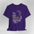 Purple t-shirt with motivational quote design on a gray background