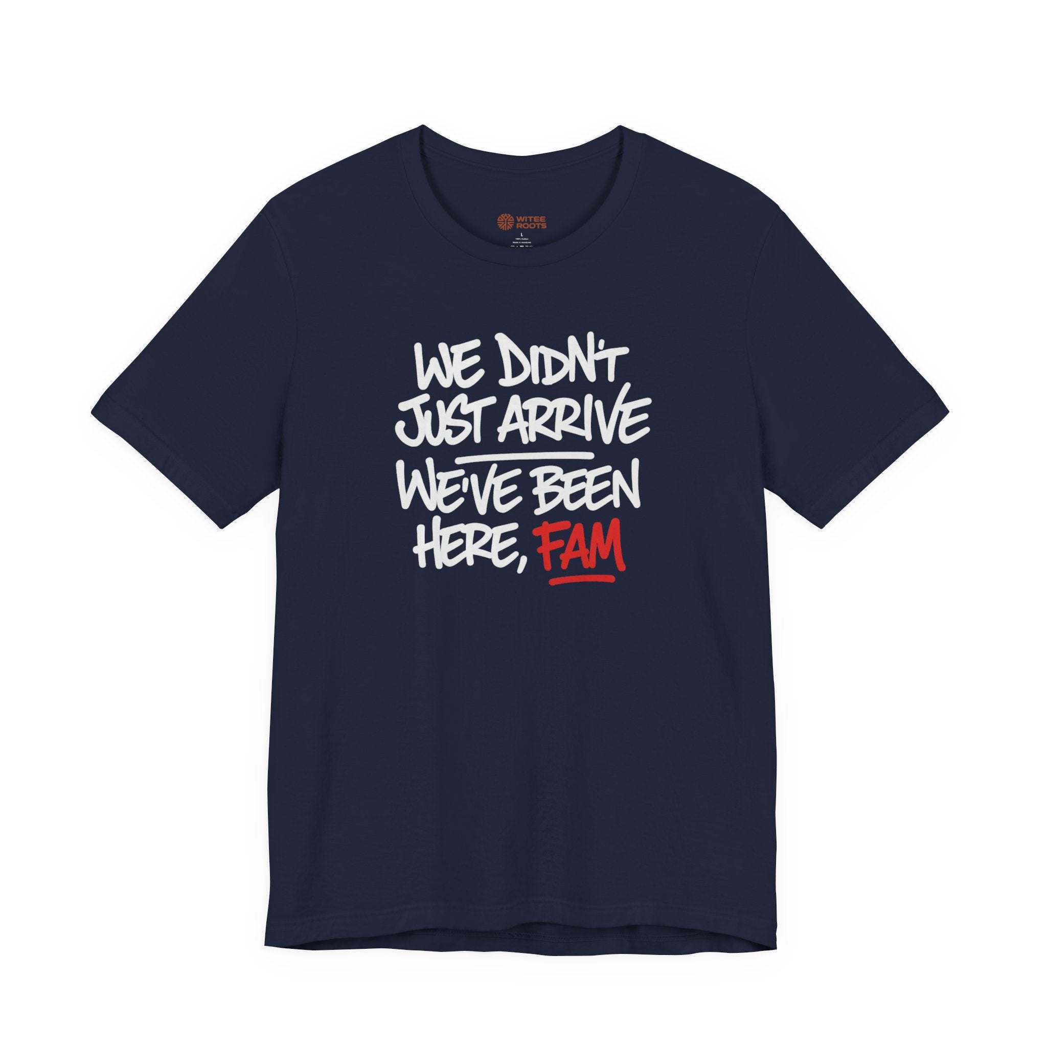 Navy blue t-shirt with white and red text on a white background