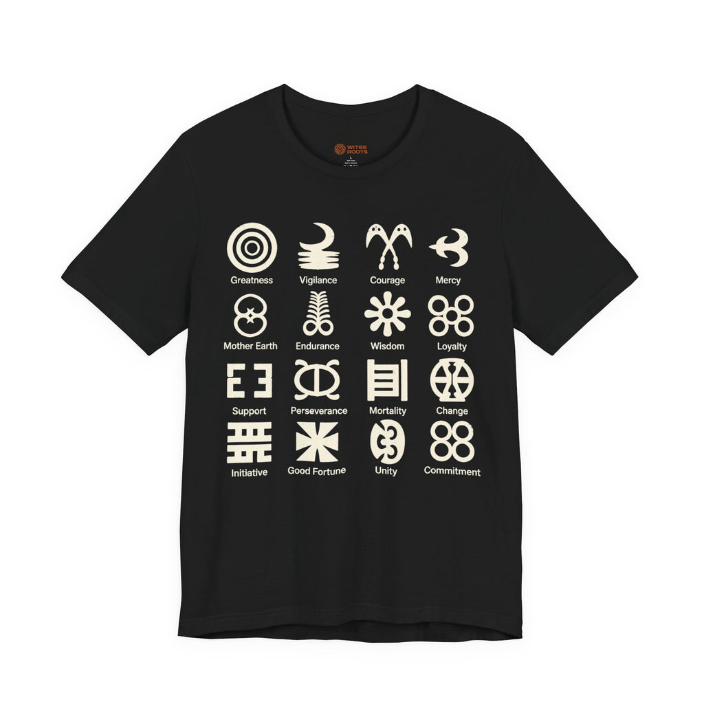 Black t-shirt with white symbols and text on a white background