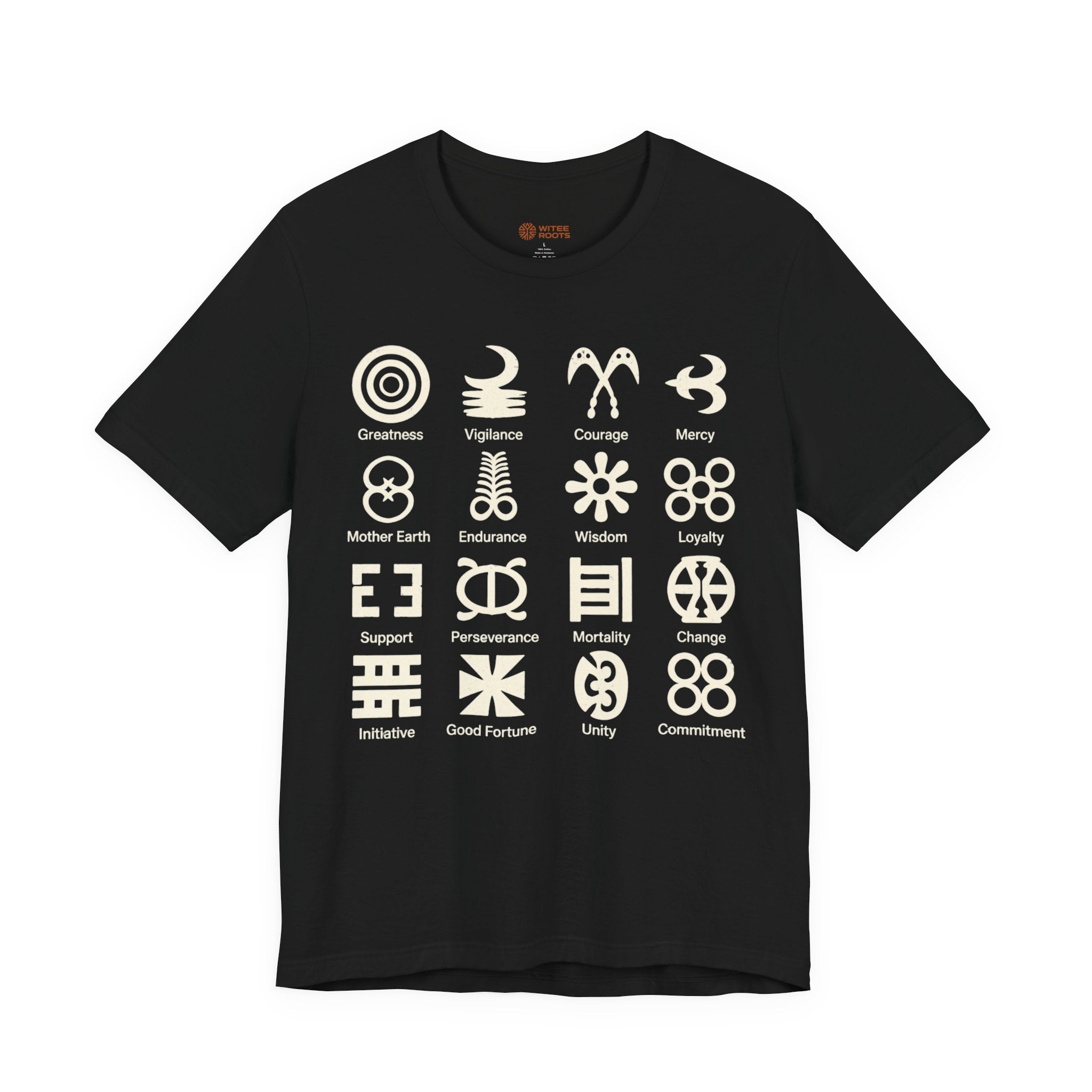 Black t-shirt with white symbols and text on a white background