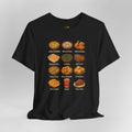 Black t-shirt with food illustrations and text on a gray background