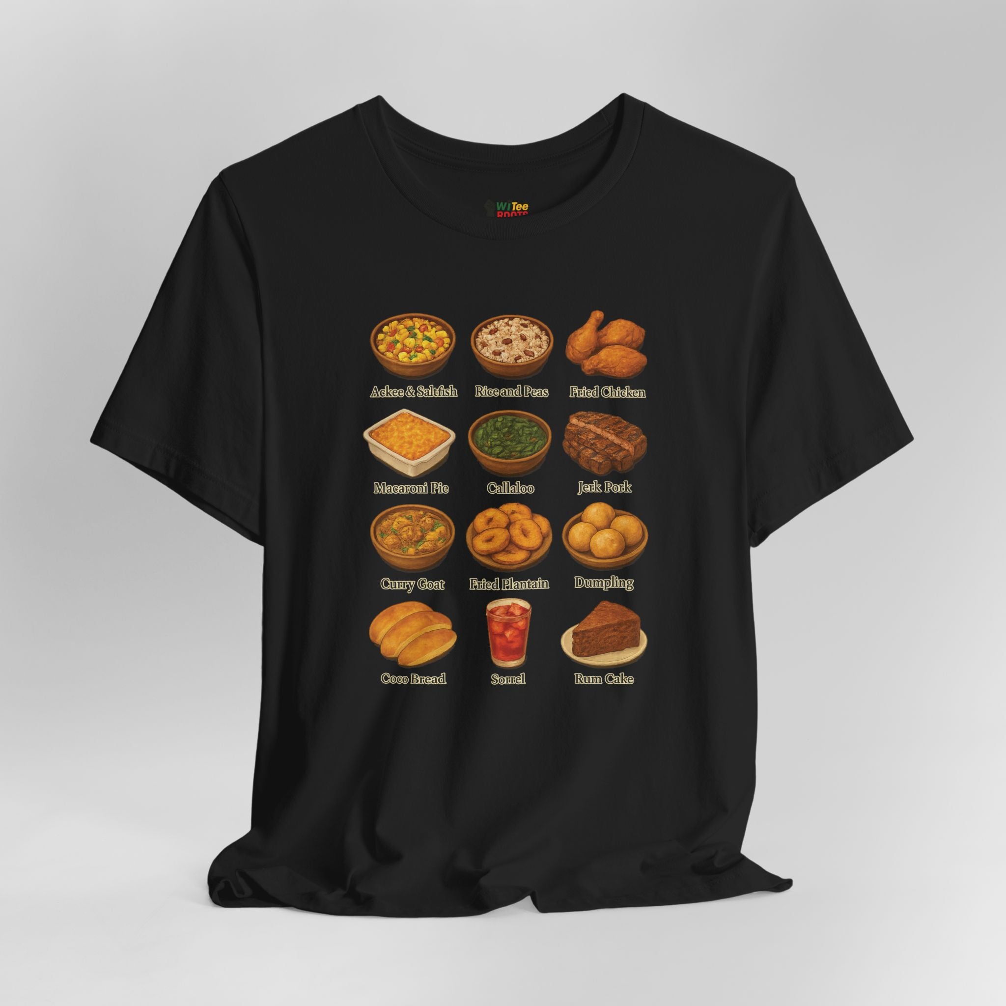 Black t-shirt with food illustrations and text on a gray background