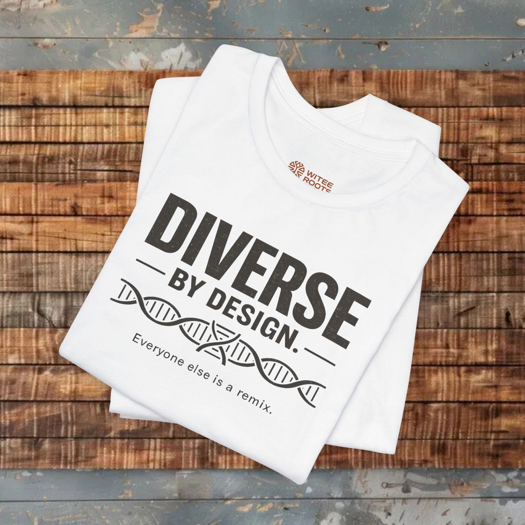 White t-shirt with 'Diverse by Design' text on a wooden surface
