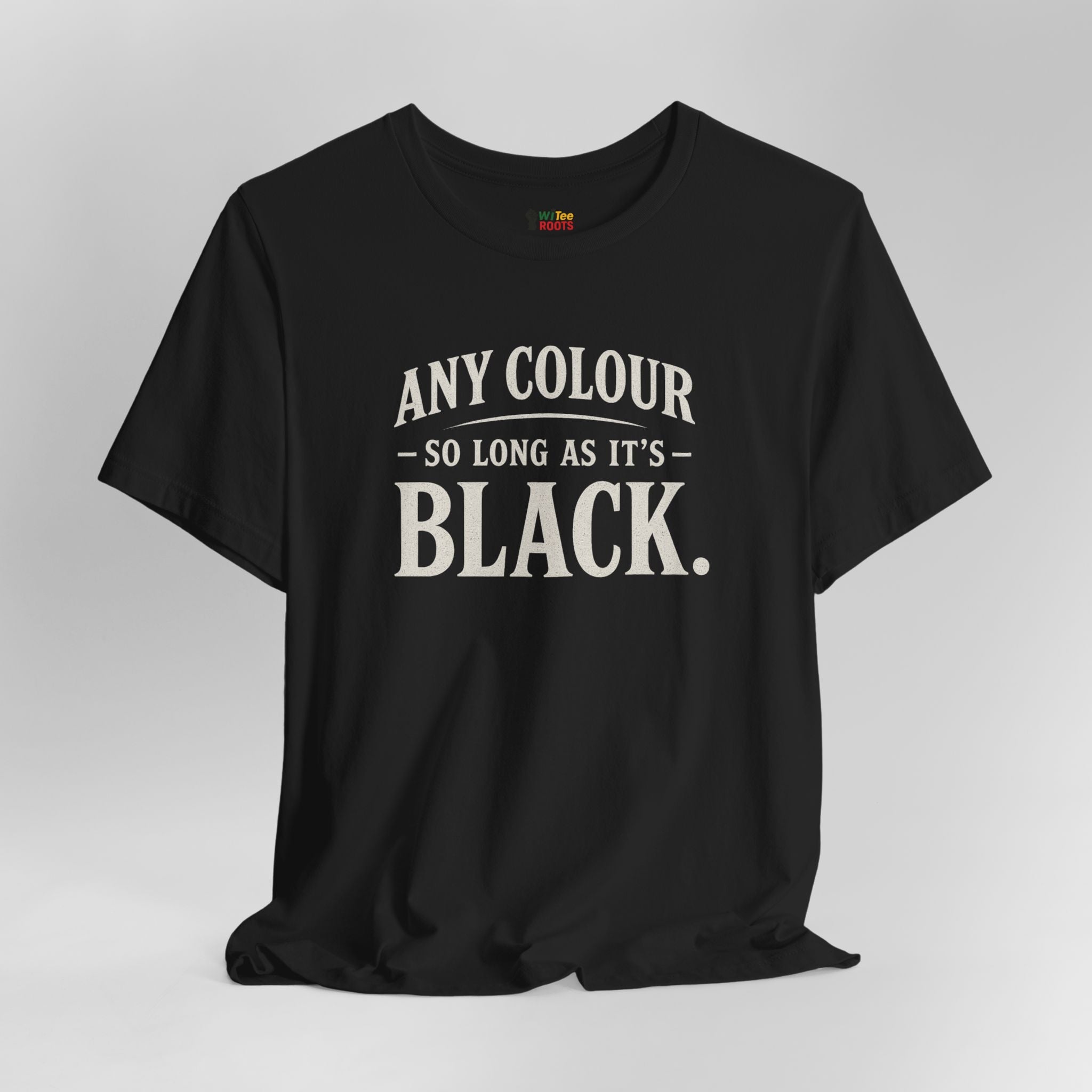 Black t-shirt with white text on a gray background