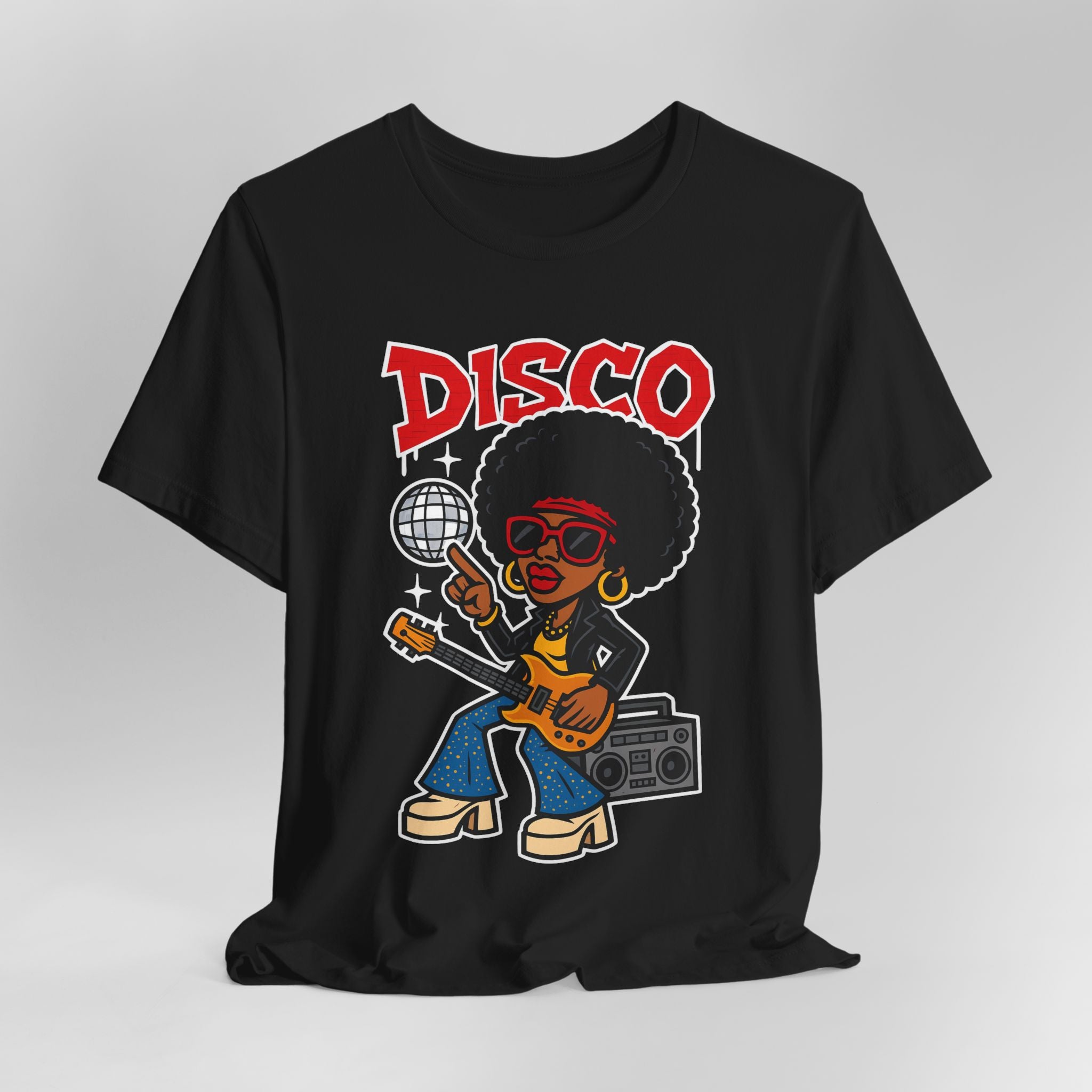 Black t-shirt with a graphic of a disco dancer holding a guitar and boombox, with 'DISCO' text above on a gray background.