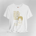 Ash t-shirt with gold text and a portrait on a gray background. Nina Simone