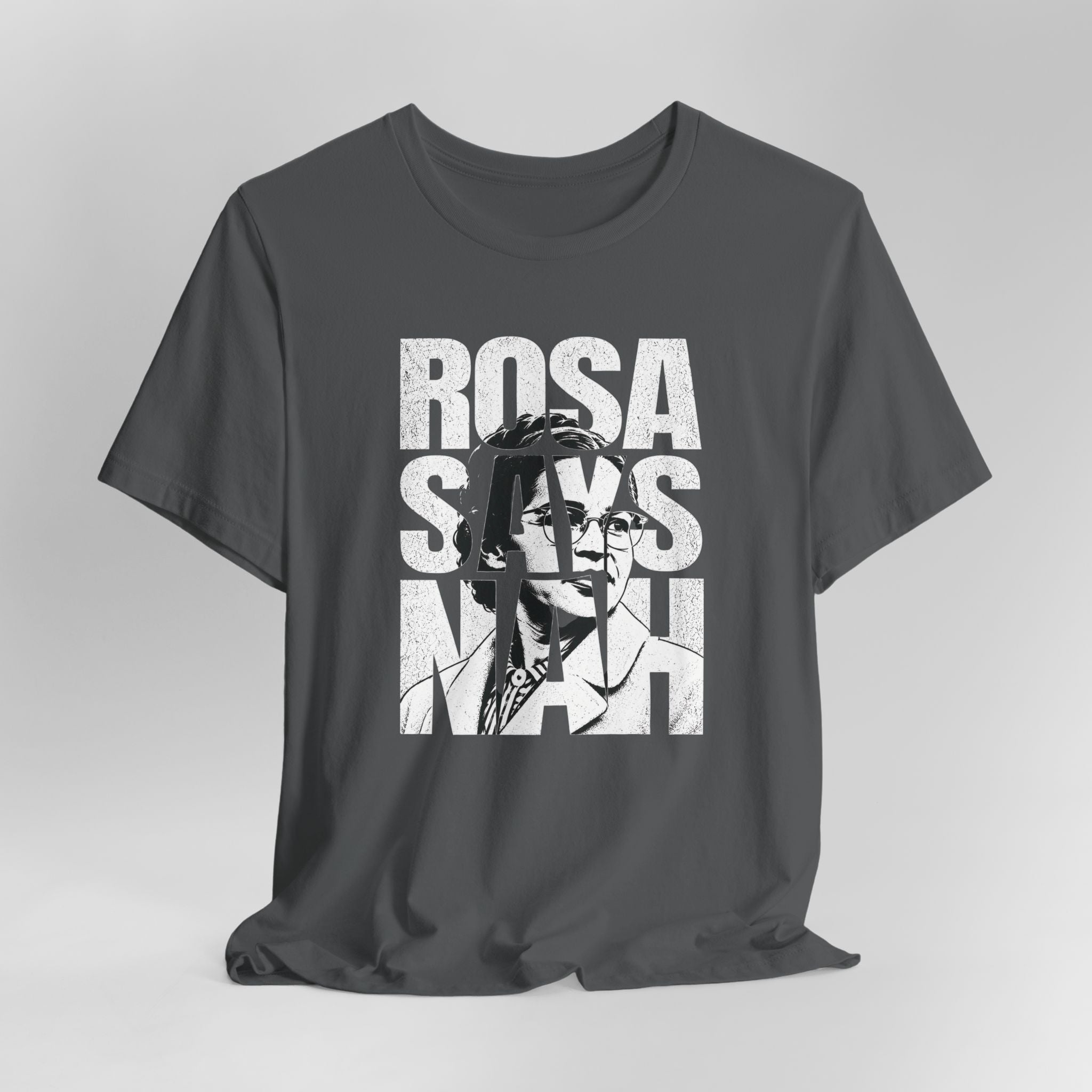 Gray t-shirt with a graphic design featuring a silhouette and text on a gray background
