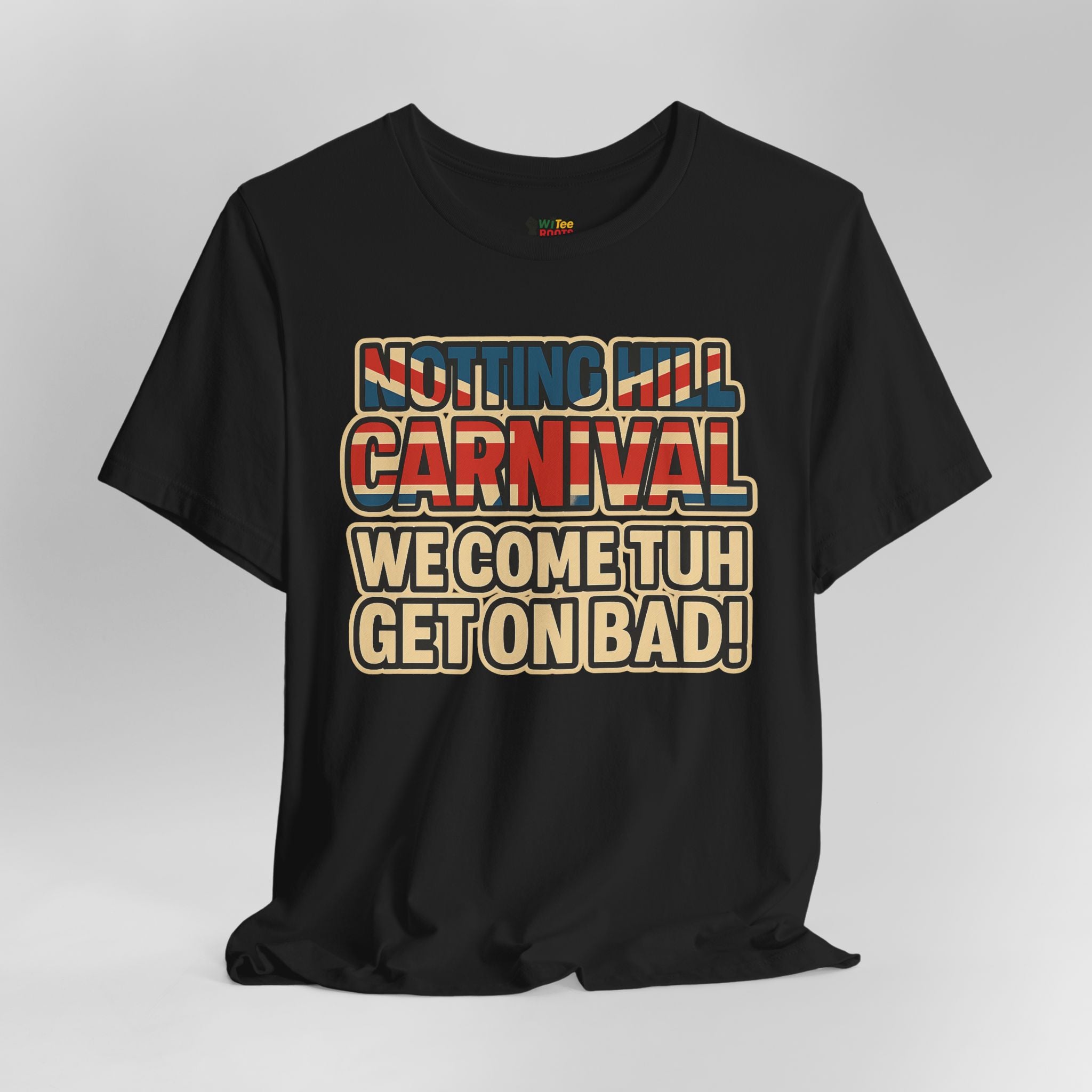 Black t-shirt with colorful text design on a white background