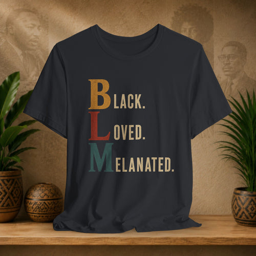 A black t-shirt with a retro-style graphic reading 'Black. LOVED.