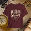 Maroon t-shirt with white text on a vintage map background