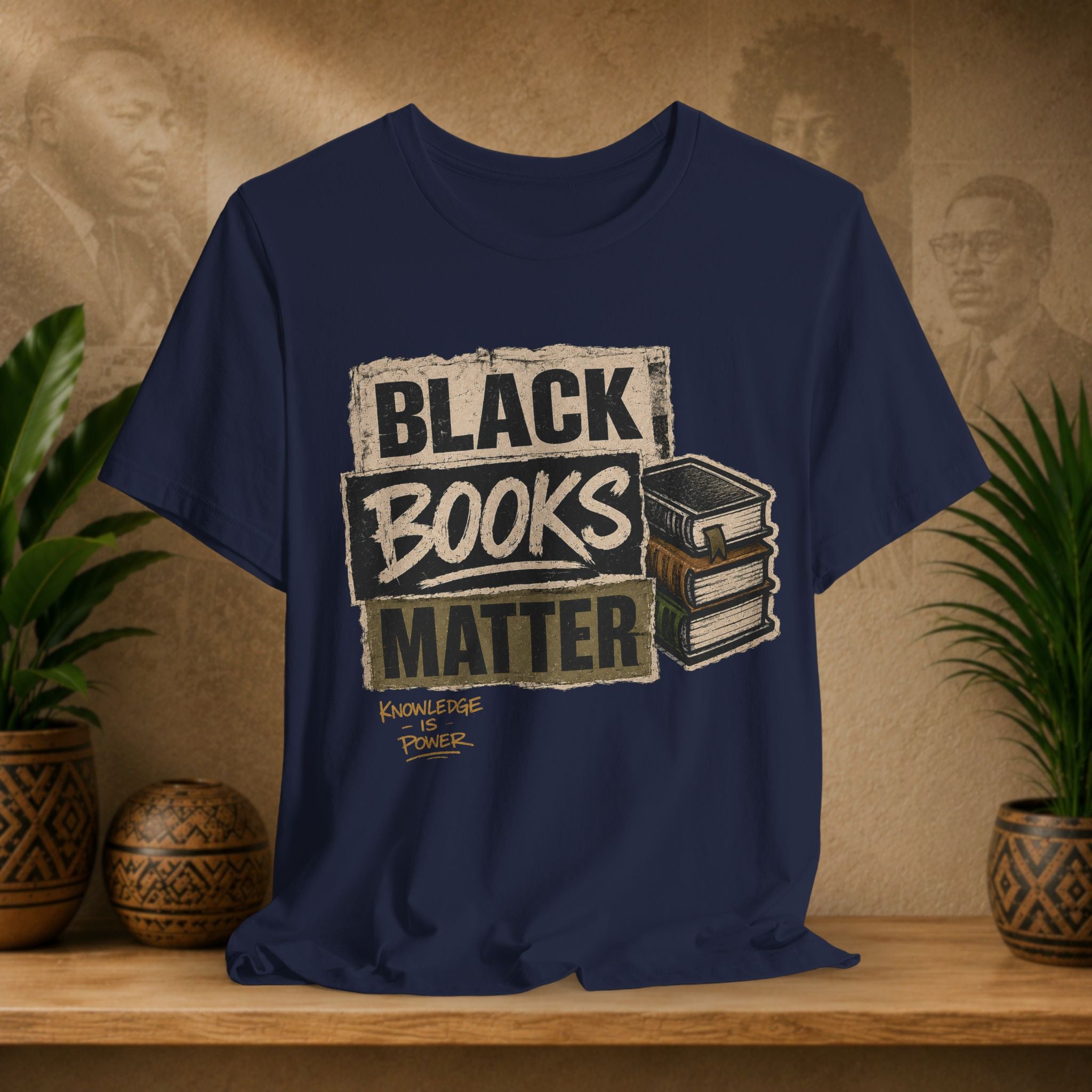 Navy blue t-shirt with 'Black Books Matter' graphic on a wooden surface with plants and decorative items.