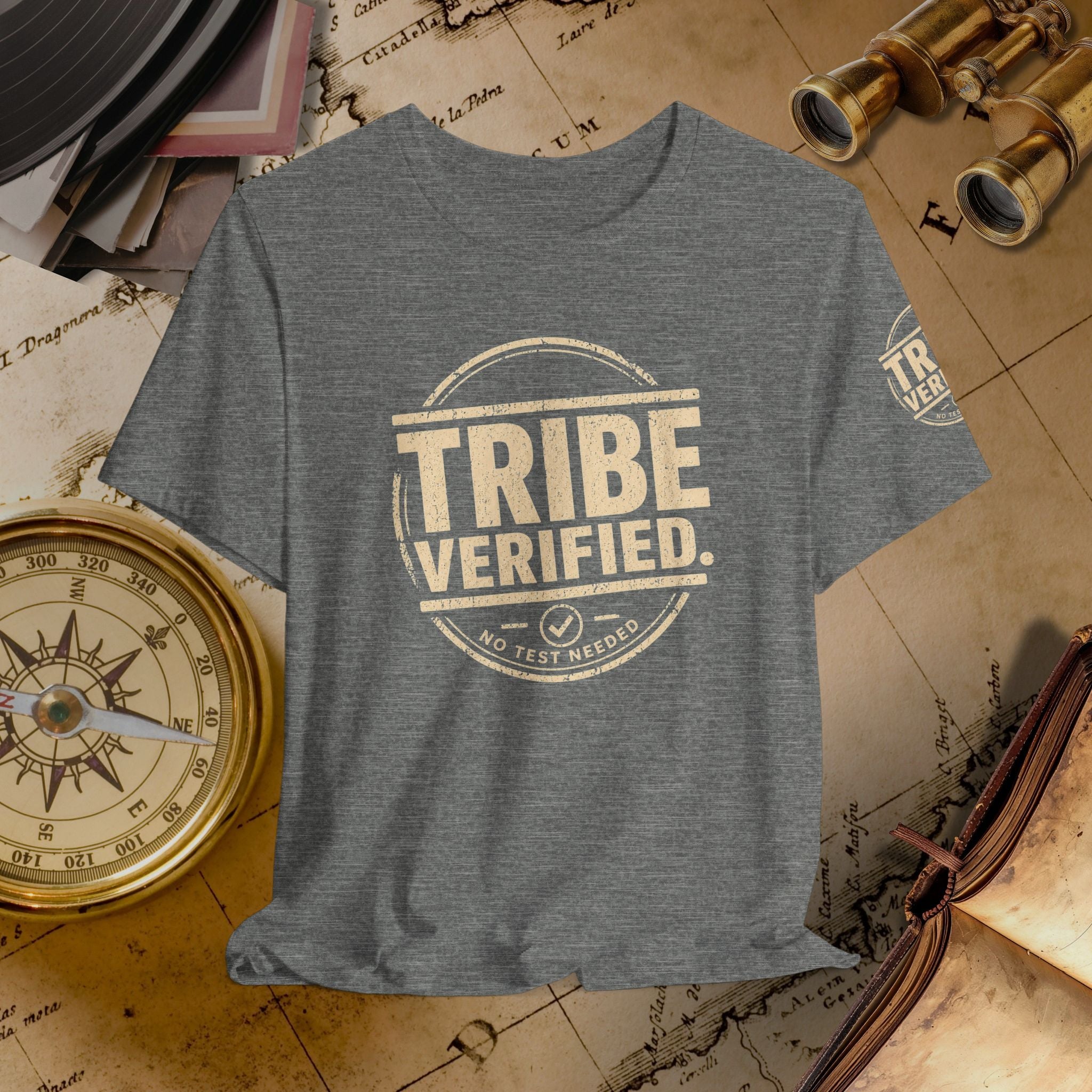 Gray t-shirt with 'TRIBE VERIFIED' design on a vintage map background