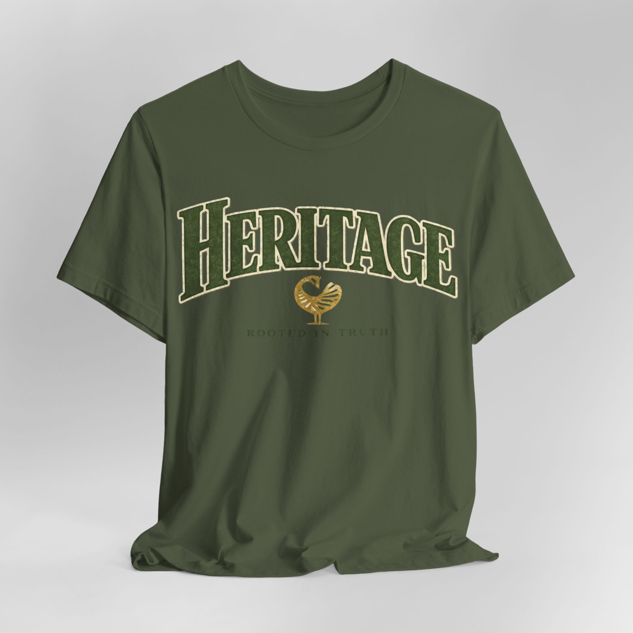 Green t-shirt with 'HERITAGE' text on a white background