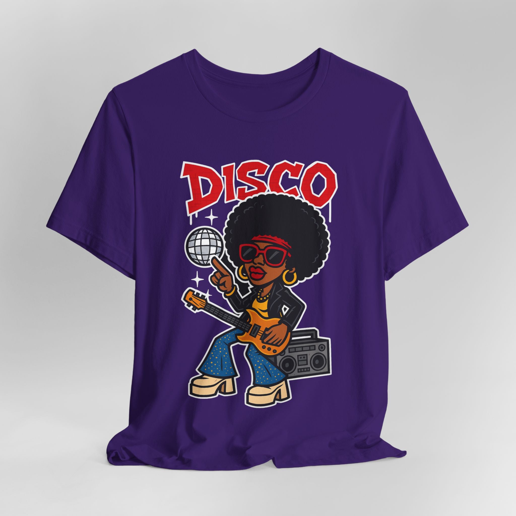 Purple t-shirt with a graphic of a woman playing guitar and disco ball, with 'DISCO' text on a gray background.