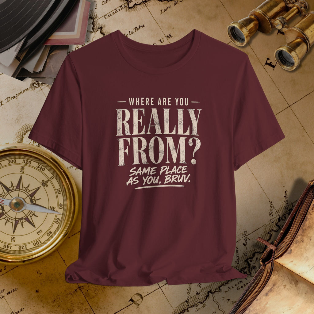 Maroon t-shirt with humorous text on a vintage map background